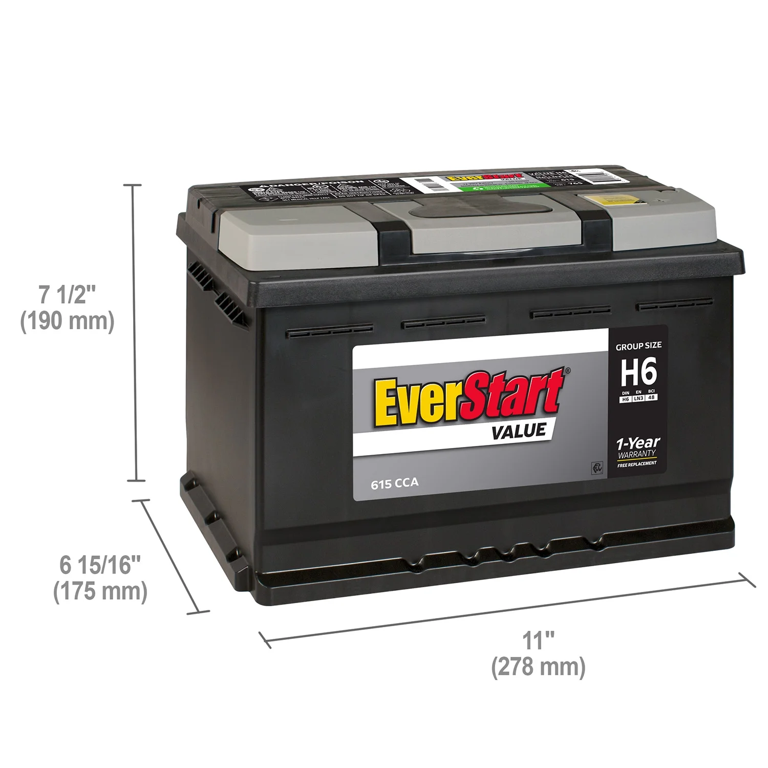 EverStart Value Lead Acid Automotive Battery, Group Size H6 / LN3 / 48 12 Volt, 615 CCA