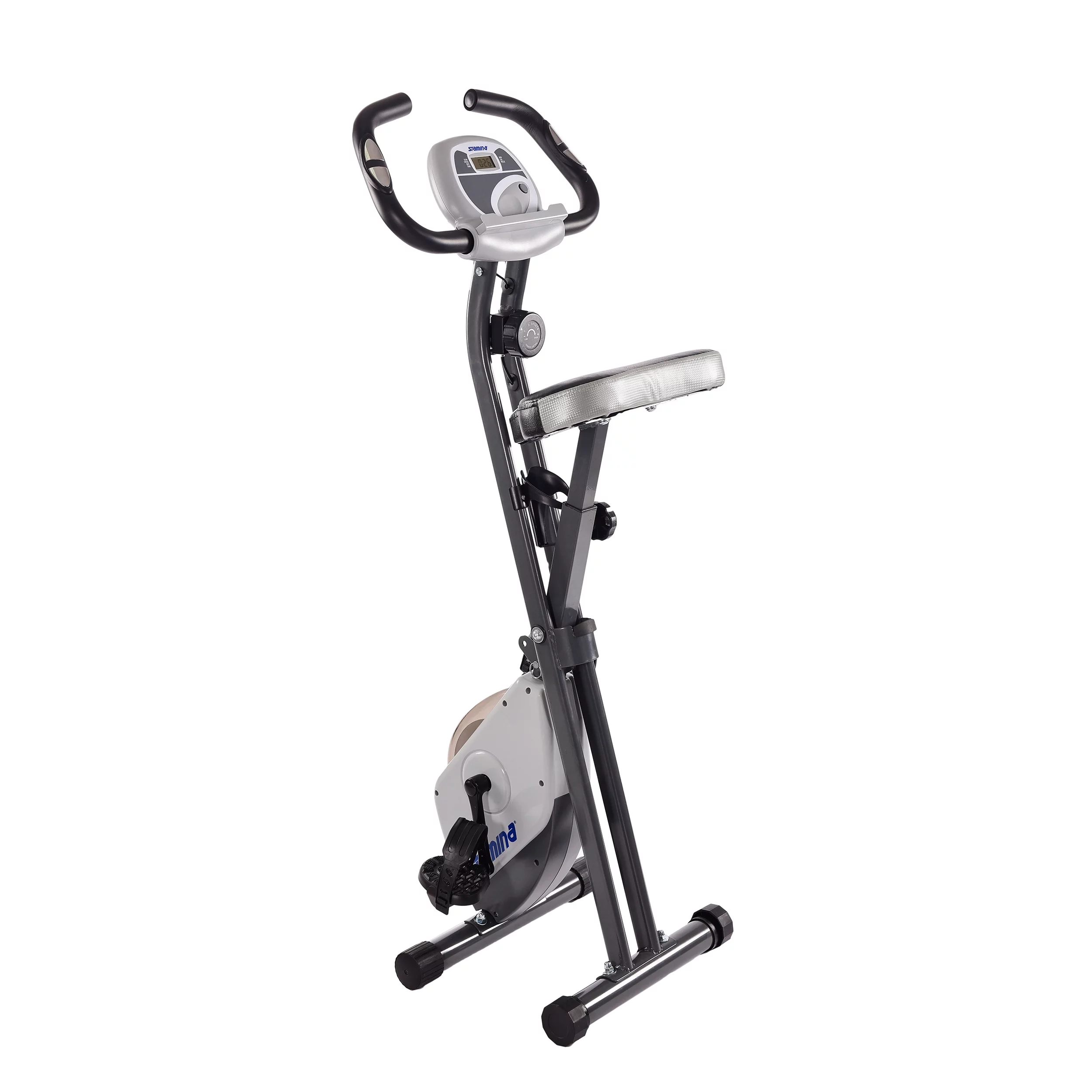 Stamina Folding Cardio Upright Exercise Bike with Heart Rate Sensors and Extra Wide Padded Seat