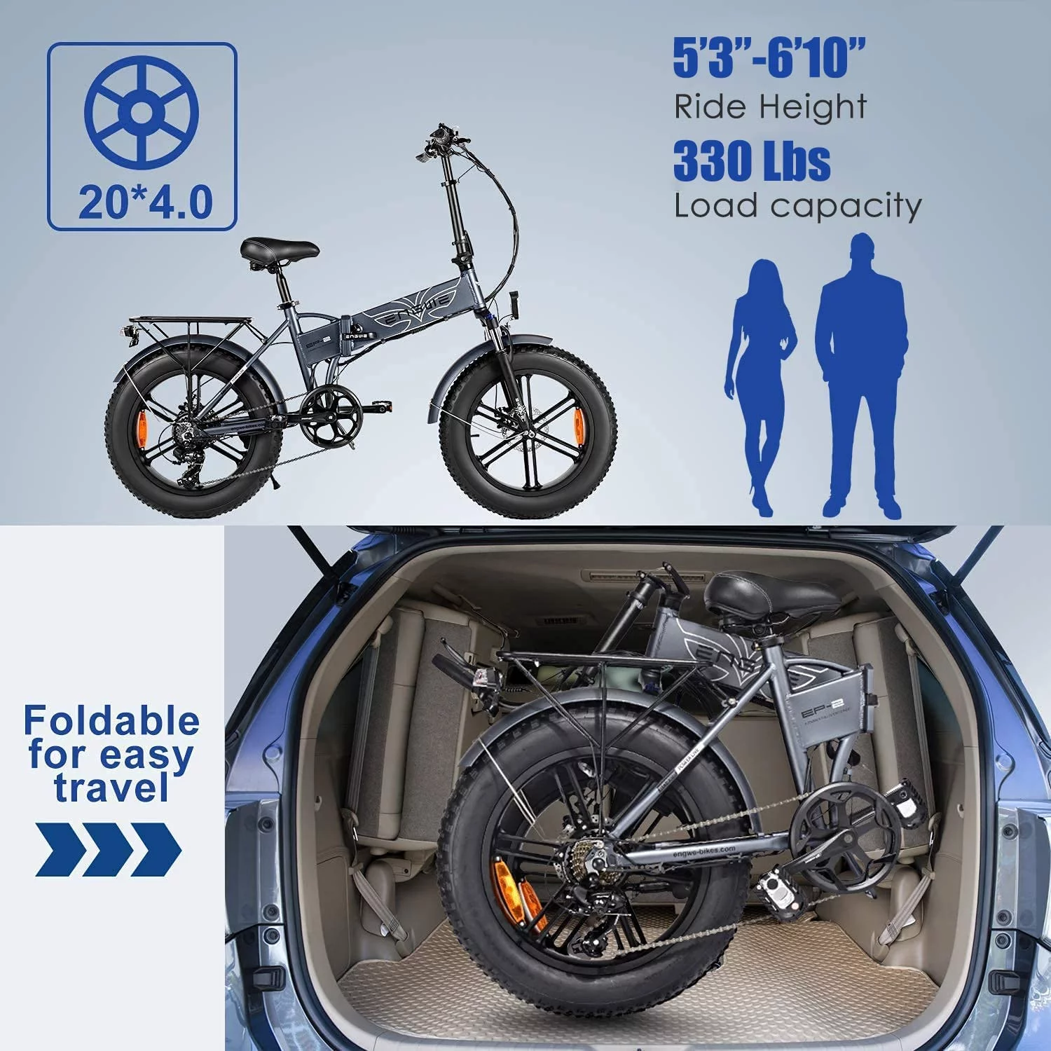 ENGWE Folding Electric Bike for Adults 750W Motor 48V12.8A Battery 20″ 4.0 Fat Tire Mountain Beach Snow Bicycles EP-2 Grey