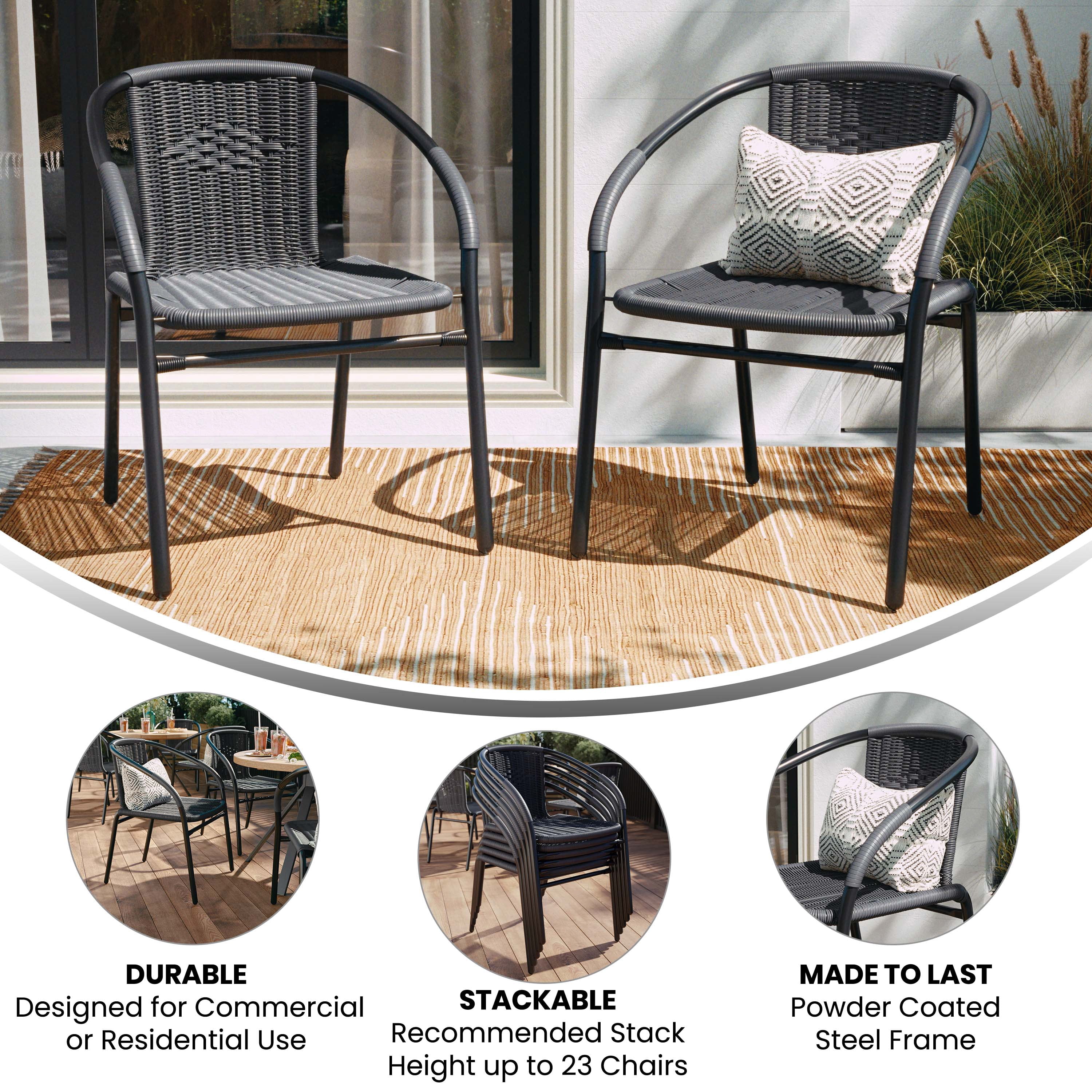 Emma + Oliver 2 Pack Gray Rattan Indoor-Outdoor Restaurant Stack Chair with Curved Back