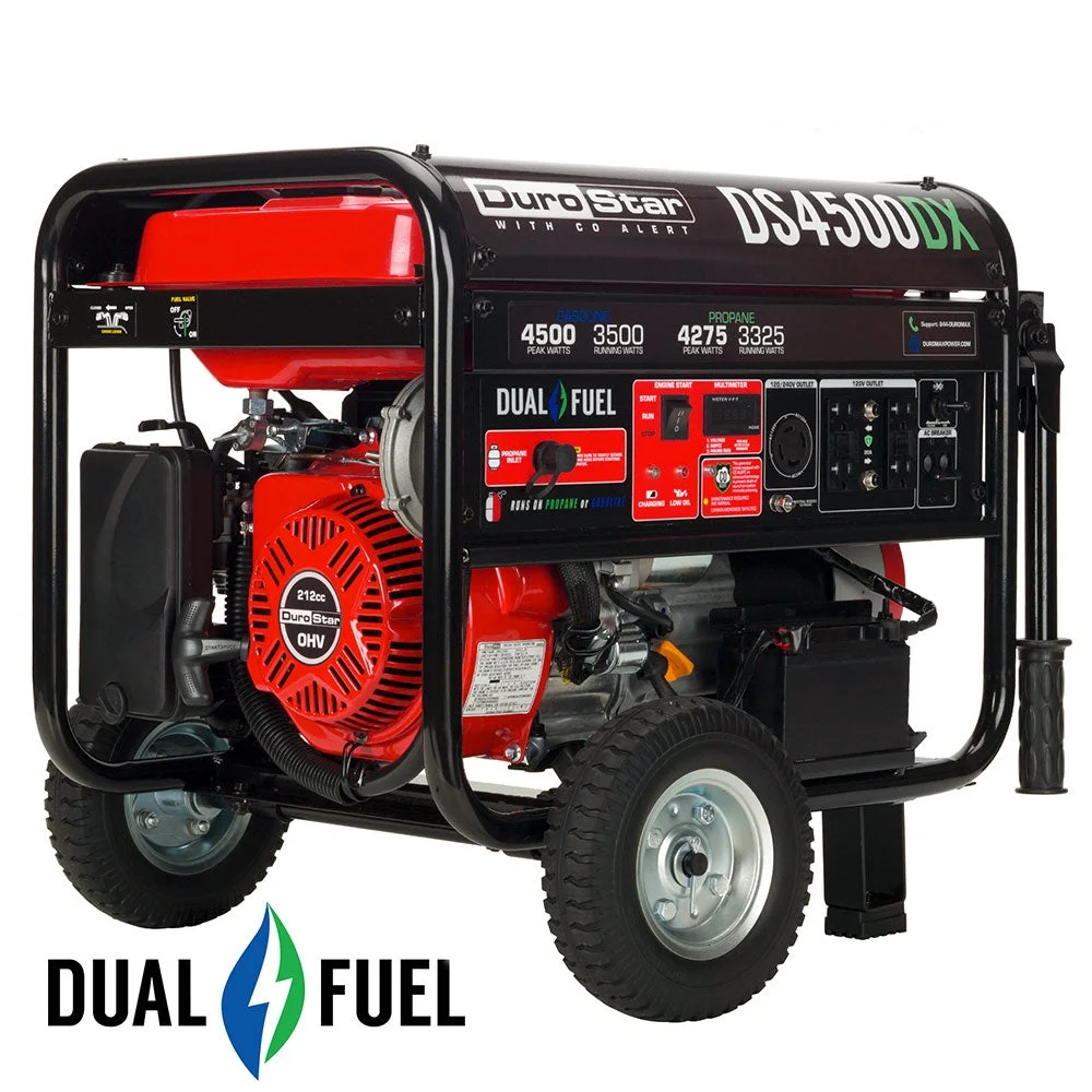 DuroStar DS4500DX 4,500W/3,500W 210cc Electric Start Dual Fuel Portable Generator with CO Alert Alert