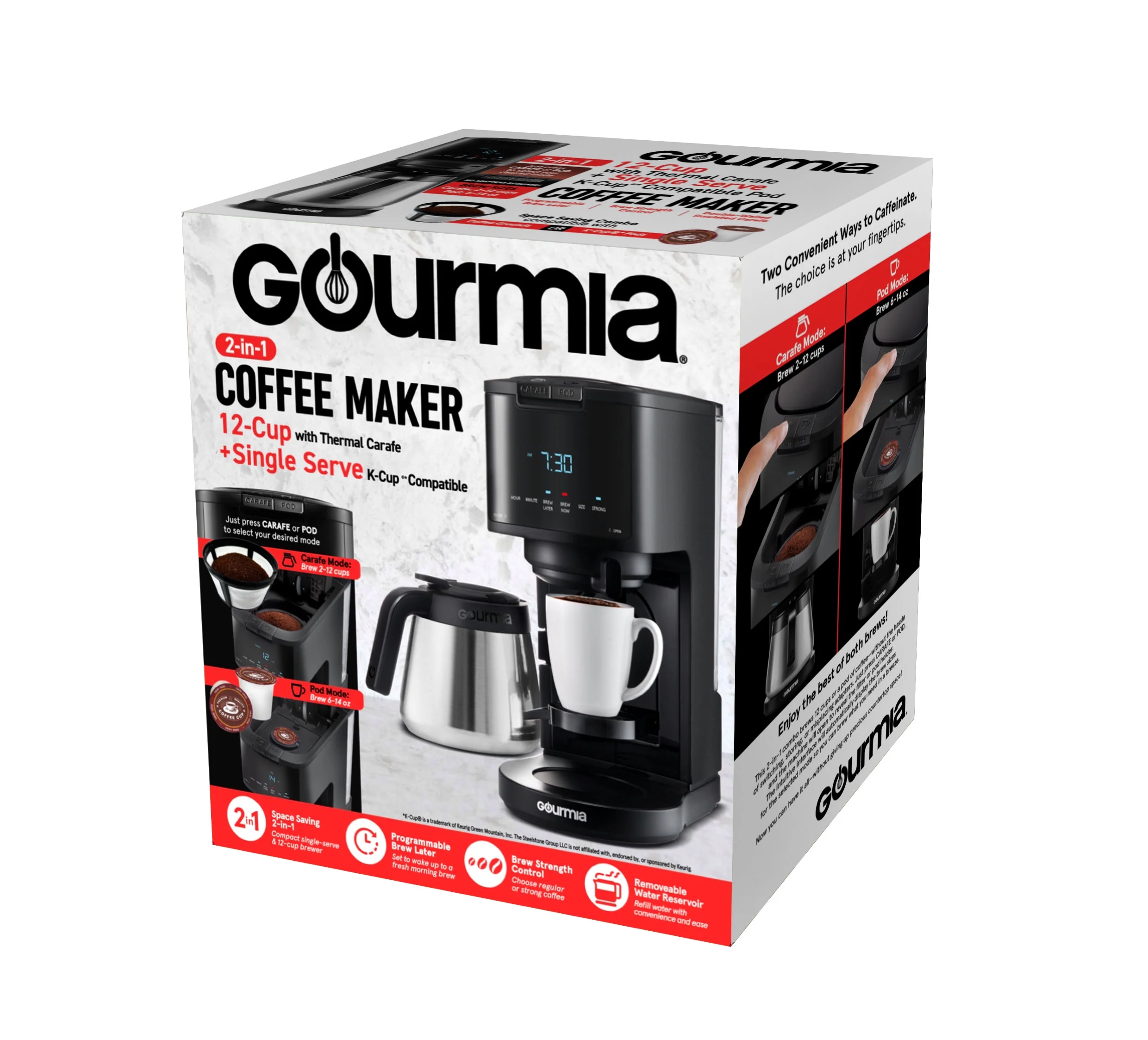 New Gourmia Single Serve + 12 Cup Drip Coffee Maker, Thermal Carafe