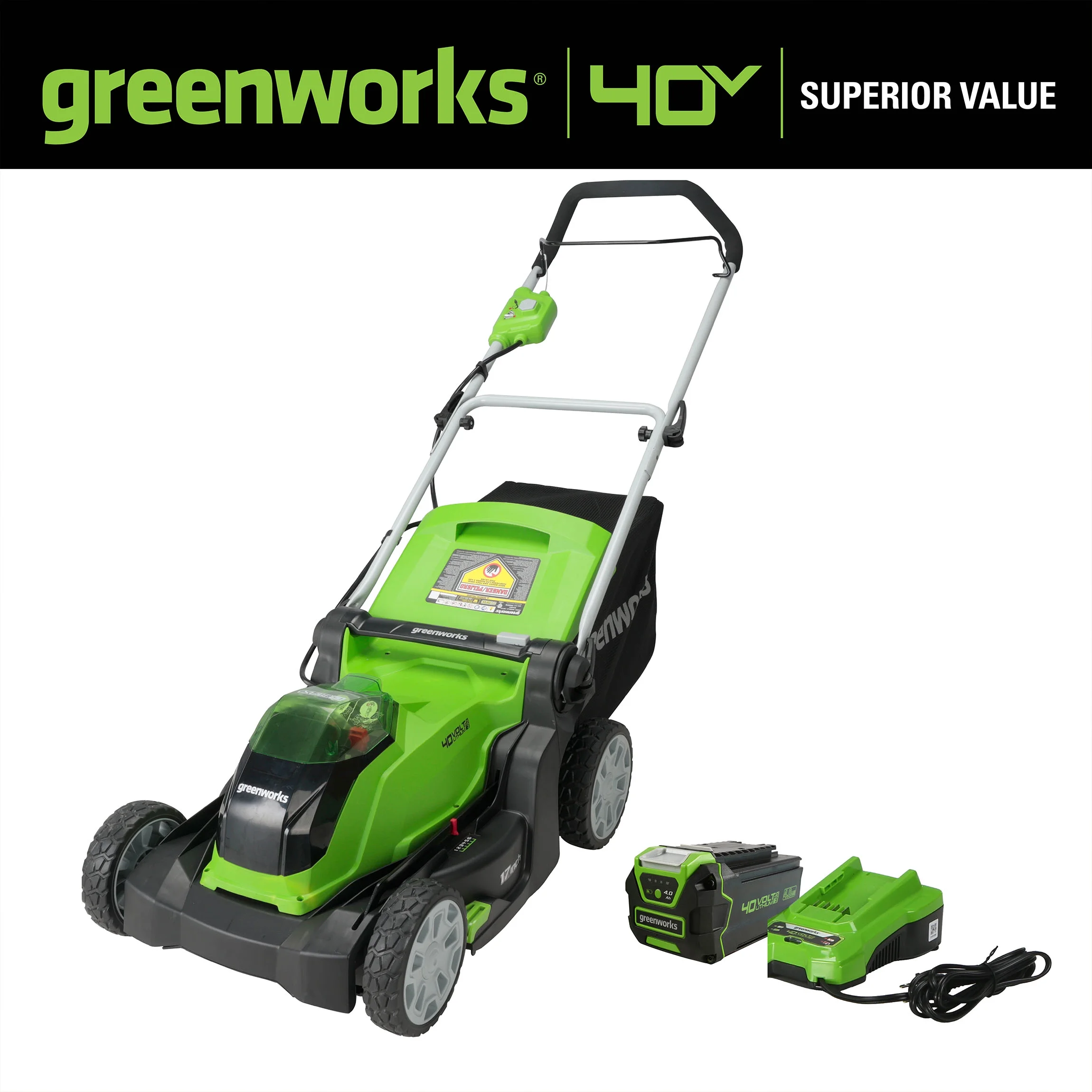 Greenworks 40V 17″ Cordless Walk-Behind Push Lawn Mower with 4.0 Ah Battery and Charger 2508302