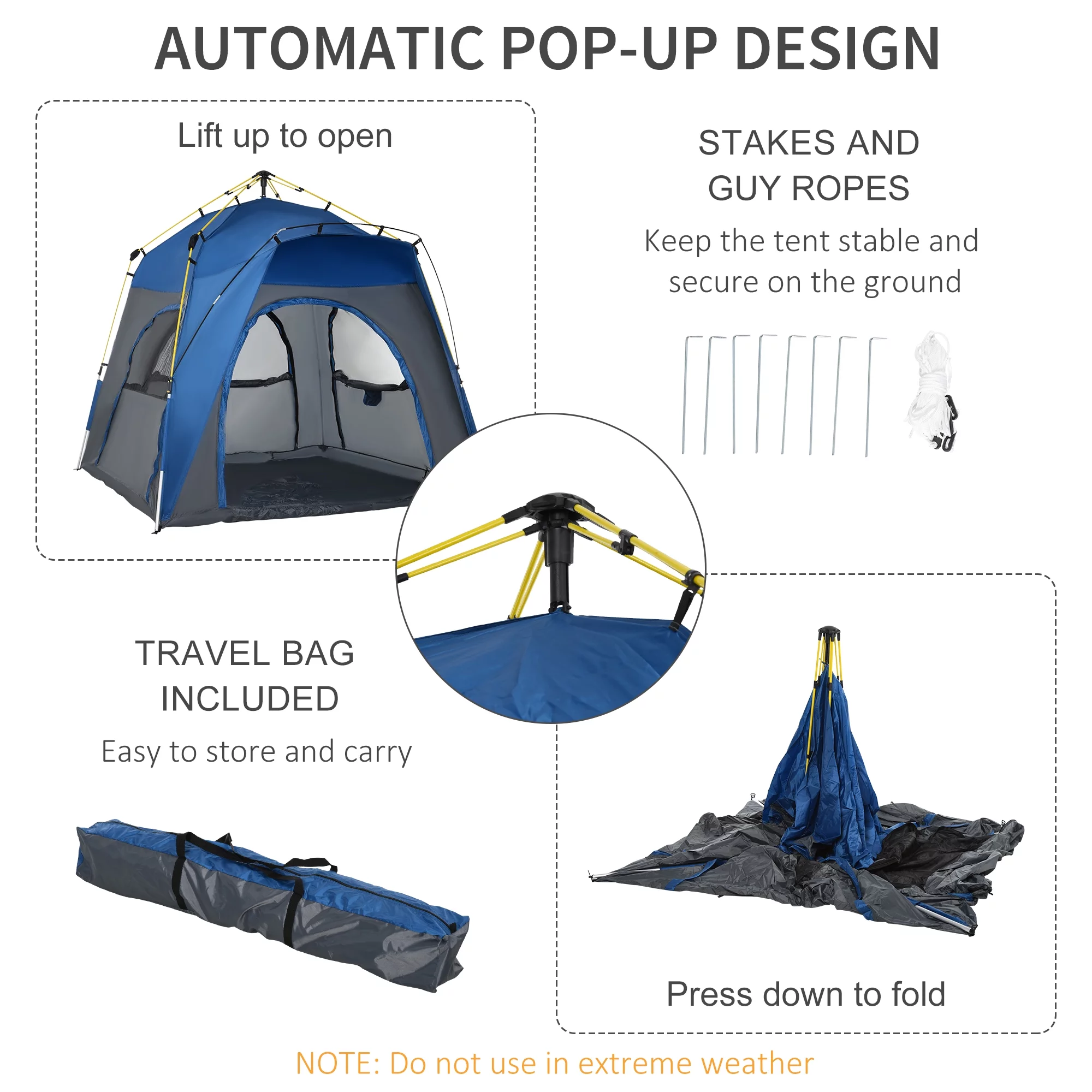 Outsunny Camping Tents 4 Person Pop Up Tent w/ Windows, Doors, Blue