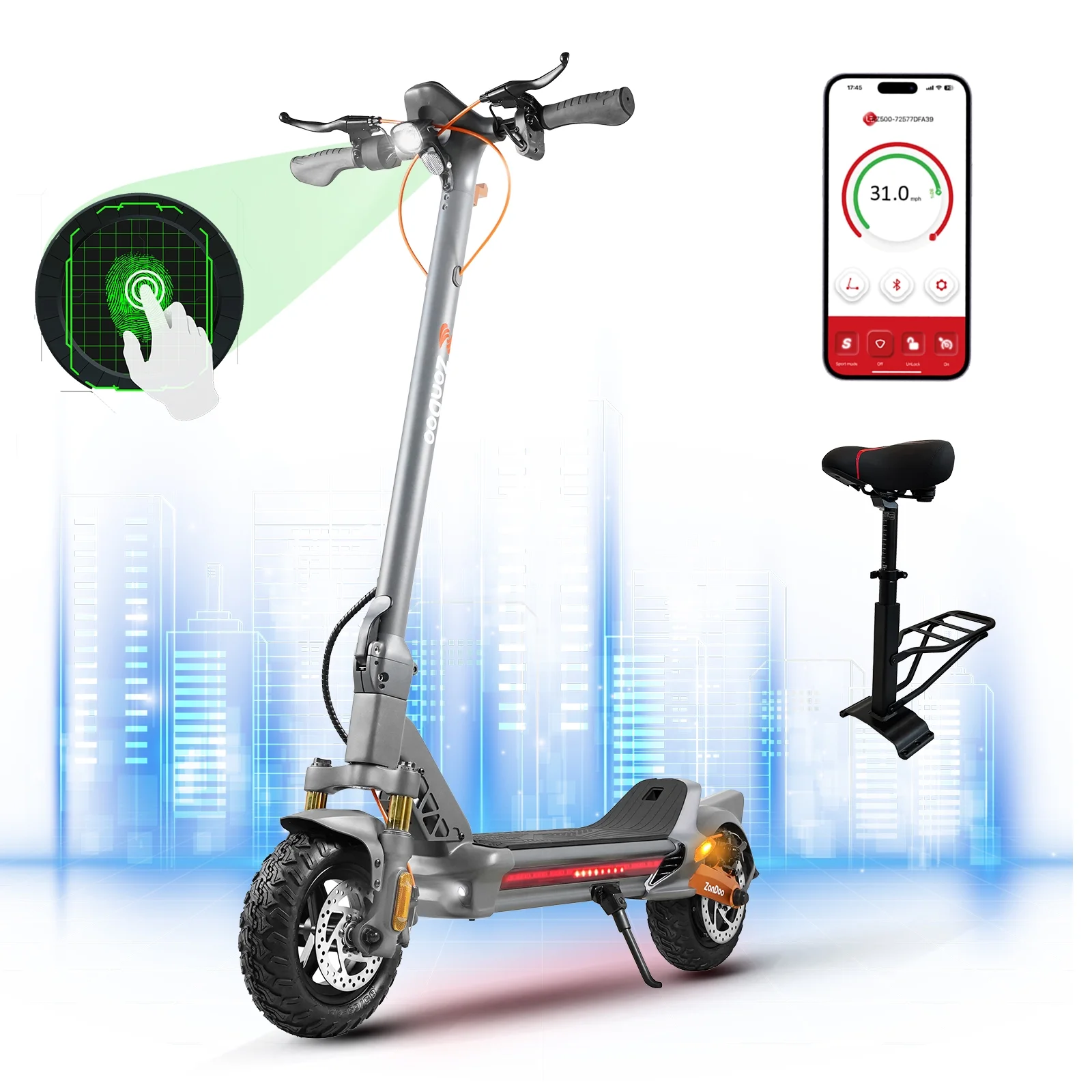 ZonDoo ZU10 Electric Scooters Adult, 800w Motor up to 30MPH 40Miles Long Range , 10” Fat Tire Foldable E Scooter with Seat for Adult