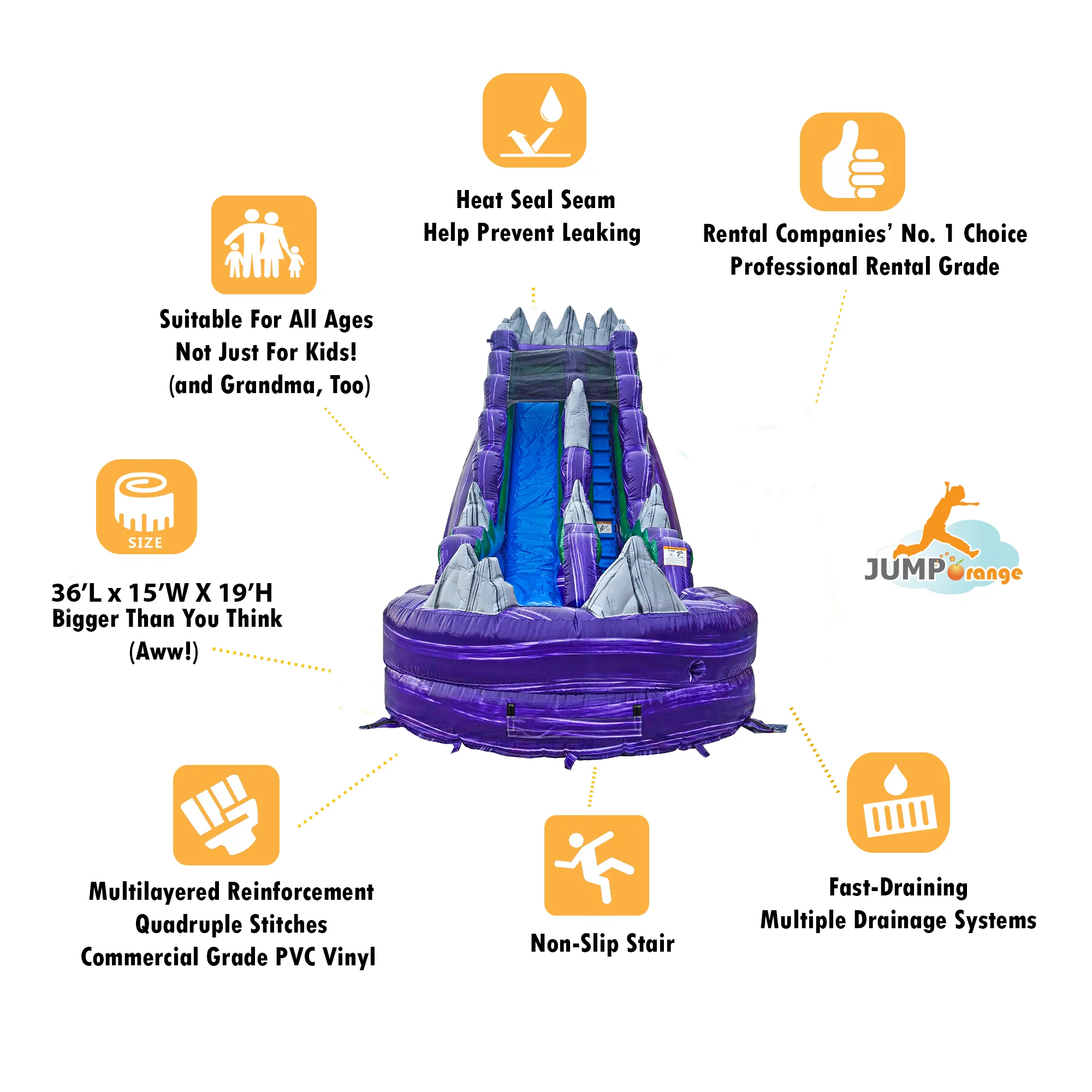 JumpOrange Dark Night Commercial Grade Inflatable Water Slide with Splash Pool | for Adults and Kids | Includes Blower, Stakes and Storage Bag | 19-Foot Tall x 36-Foot Long x 15-Foot Wide