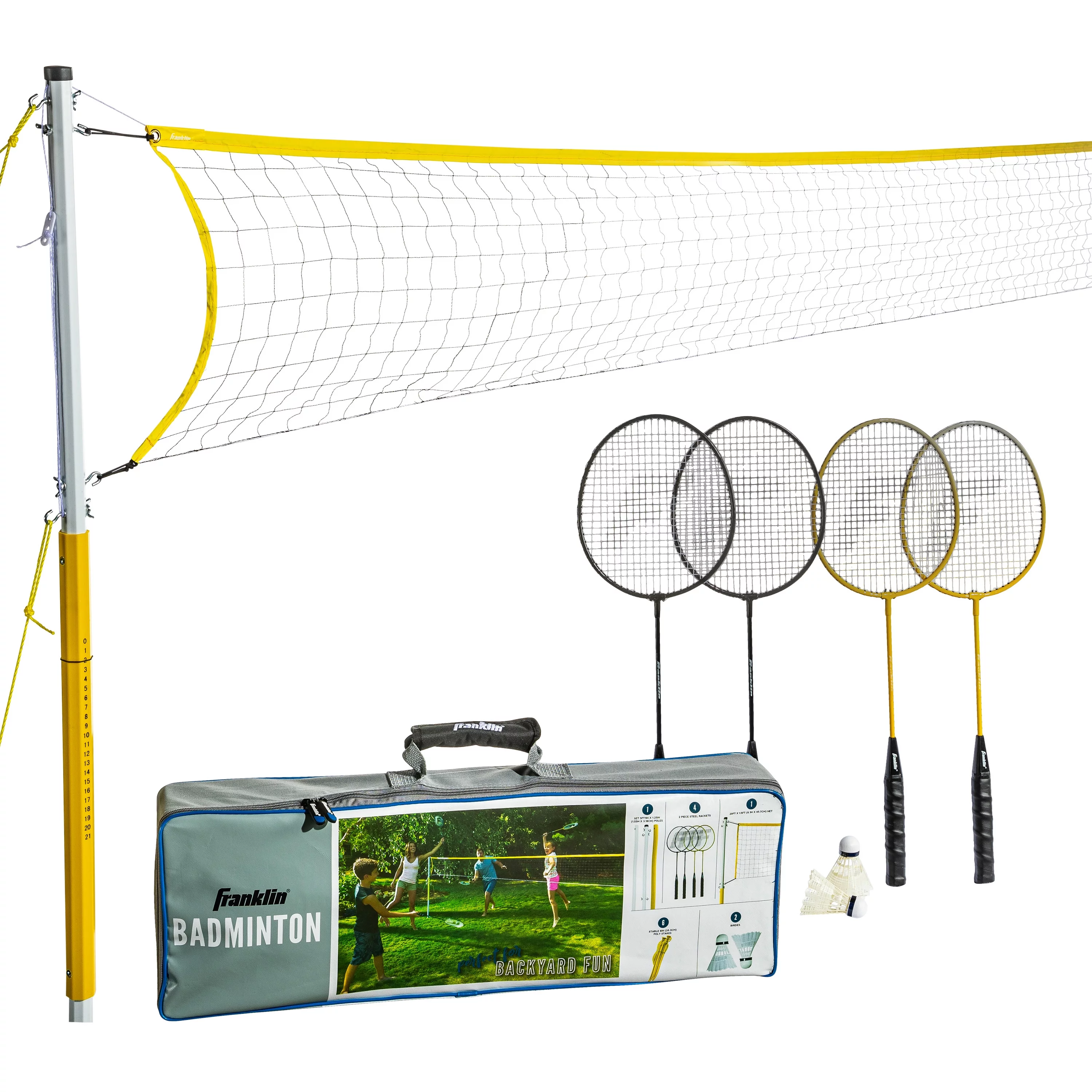 Franklin Sports Badminton Net Family Set – Includes 4 Steel Rackets, 2 Birdies, Adjustable Net and Stakes – Backyard or Beach Badminton Set – Easy Net Setup