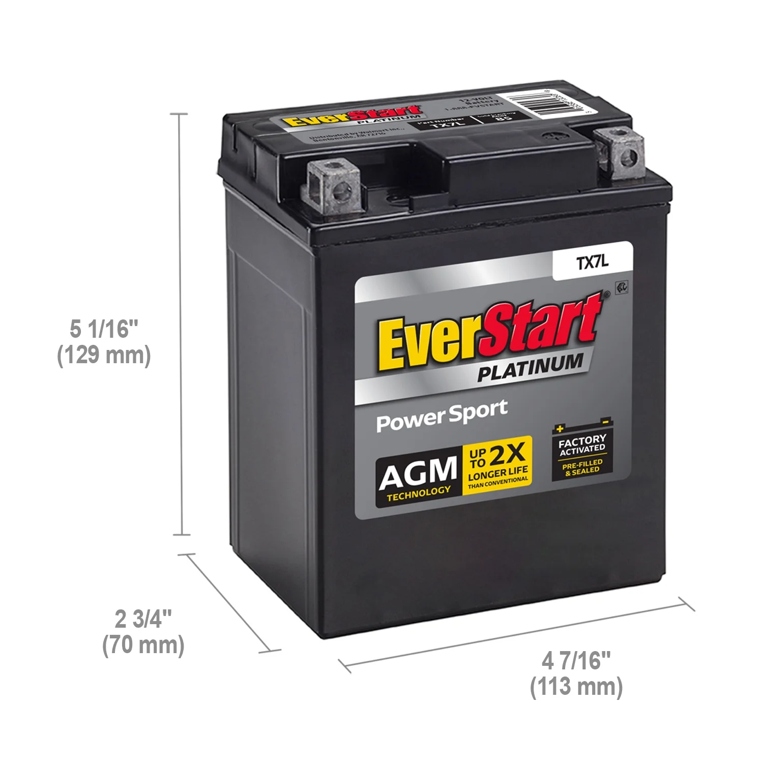 EverStart Premium BOXED AGM Power Sport Battery, Group Size TX7L 12 Volt, 85 CCA