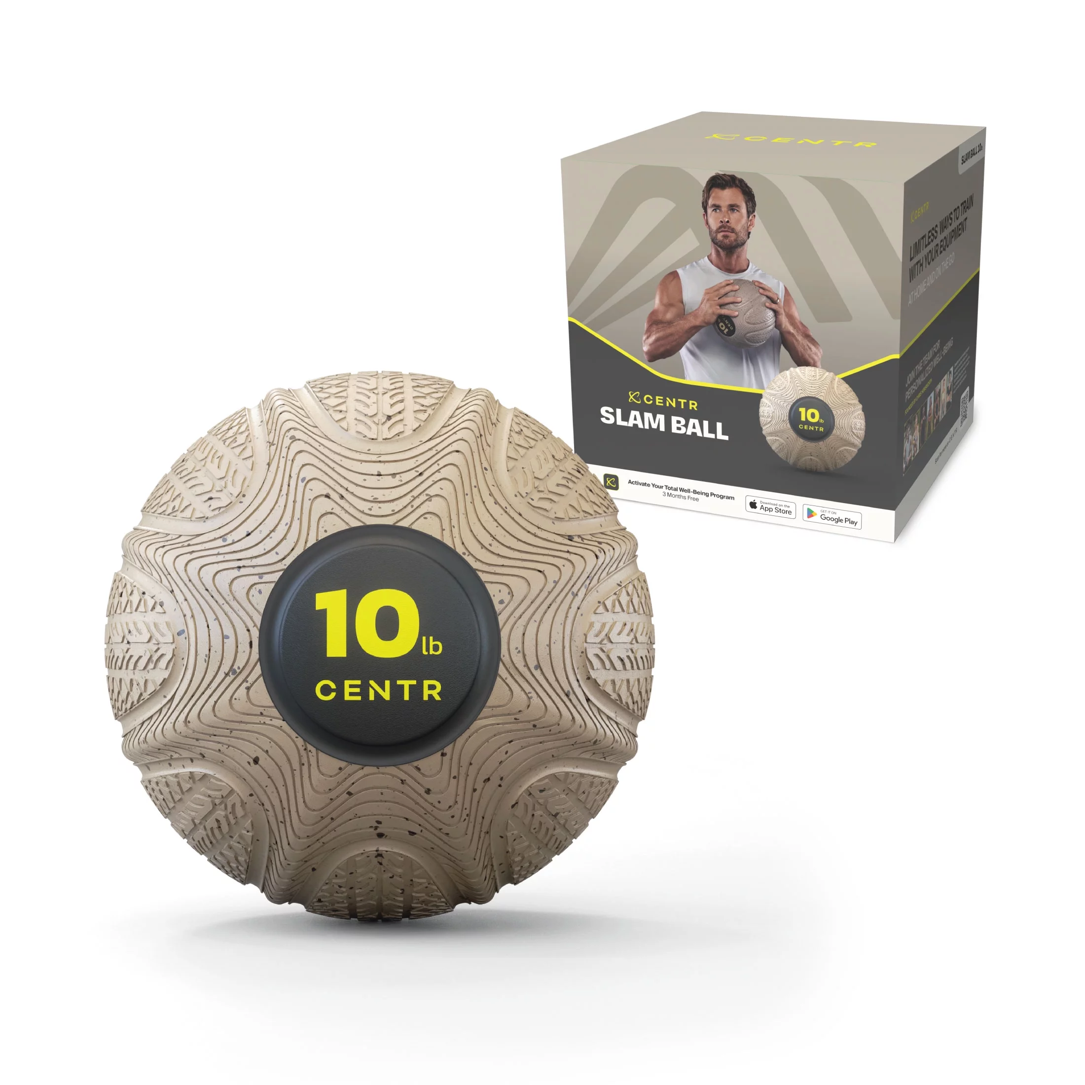 Centr By Chris Hemsworth Slam Ball, Weighted Exercise Ball, 10 lb, Sand Brown + 3-Month Membership