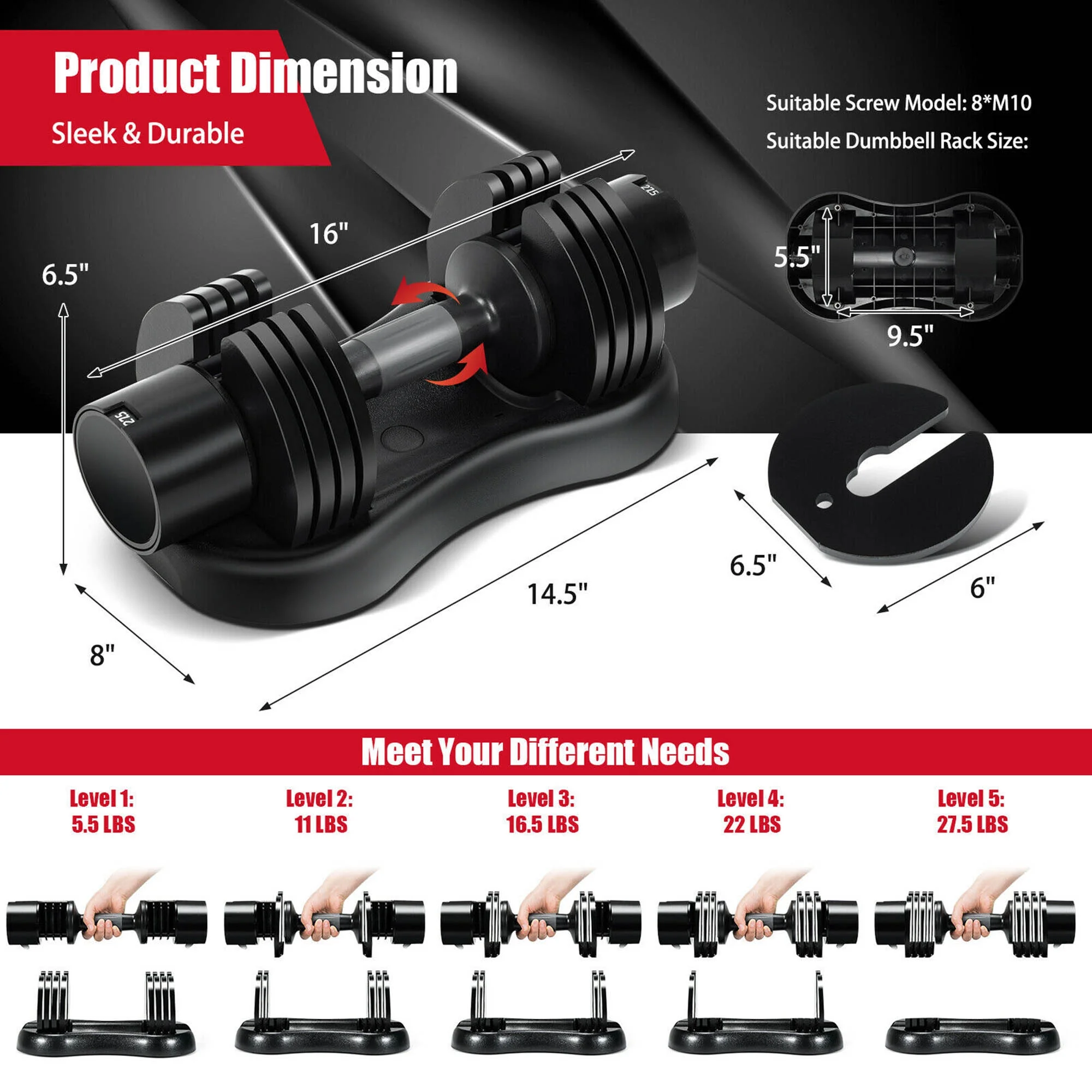 Gymax 27.5lbs 5-in-1 Adjustable Dumbbell One-hand Quick Adjustment for Gym Home Office