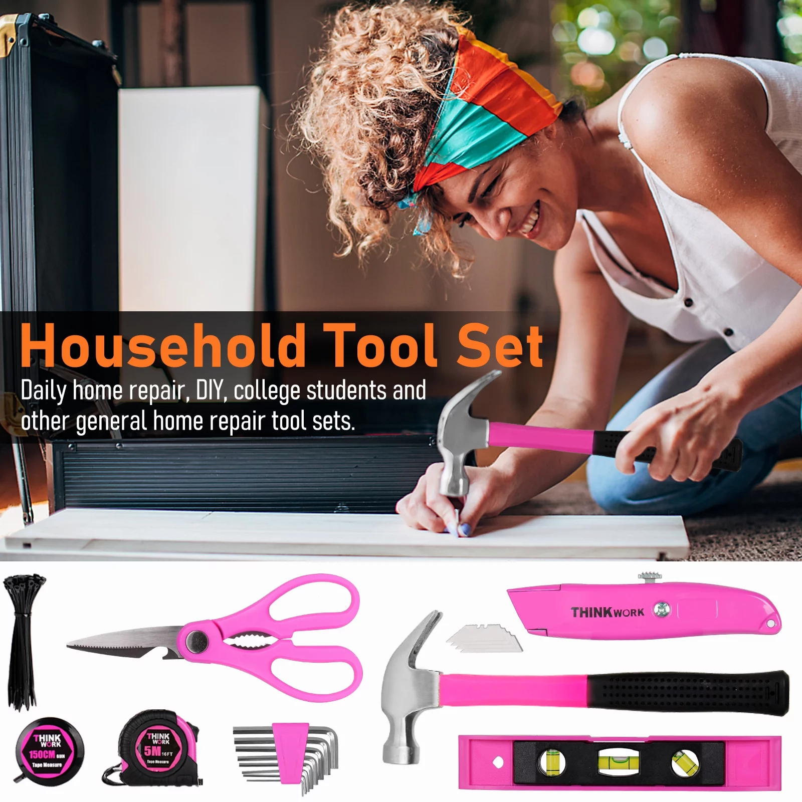 Pink Tool Set – 207 Piece Lady’s Portable Home Repairing Tool Kit made from THINKWORK TW6075