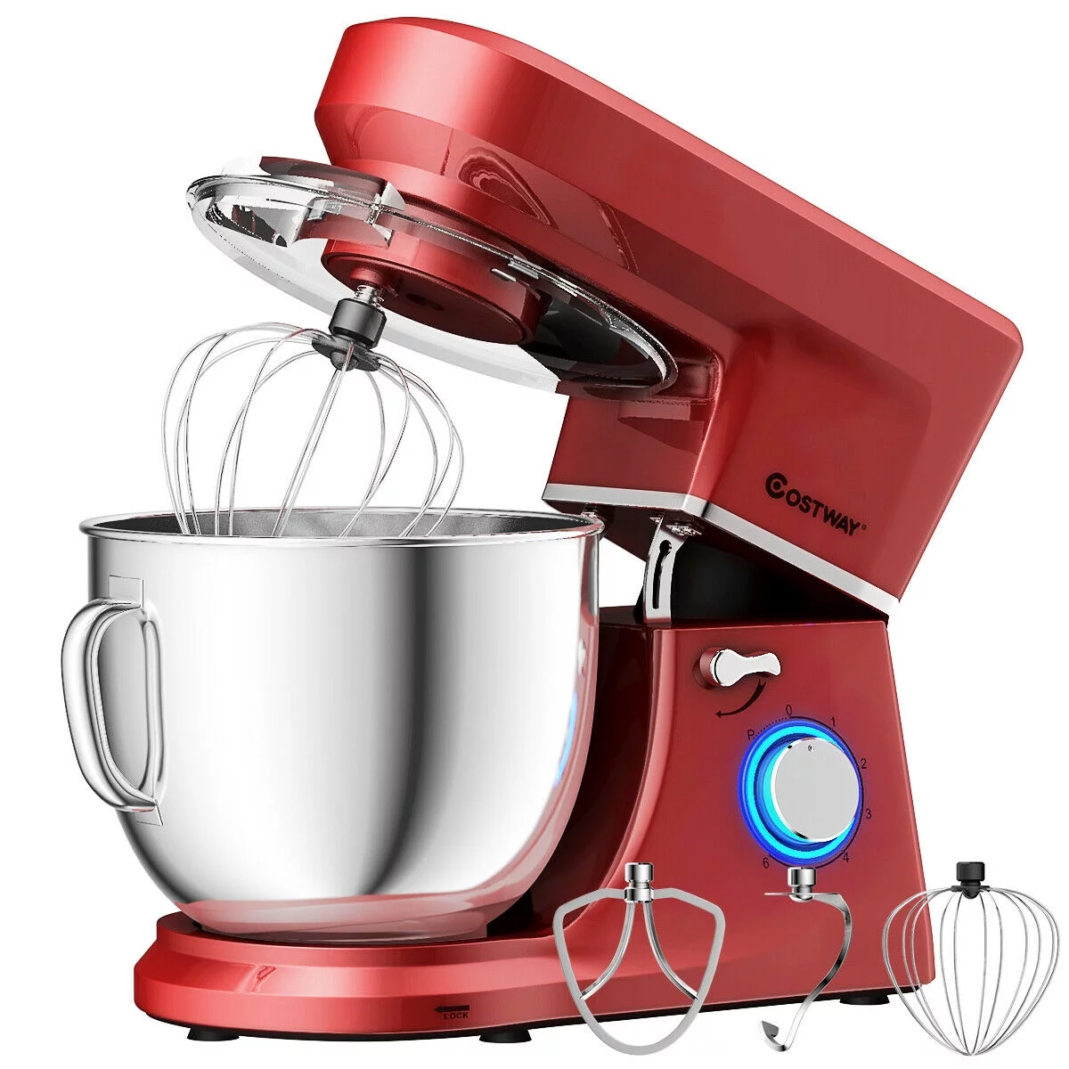 Costway Tilt-Head Stand Mixer 7.5 Qt 6 Speed 660W with Dough Hook, Whisk & Beater Red