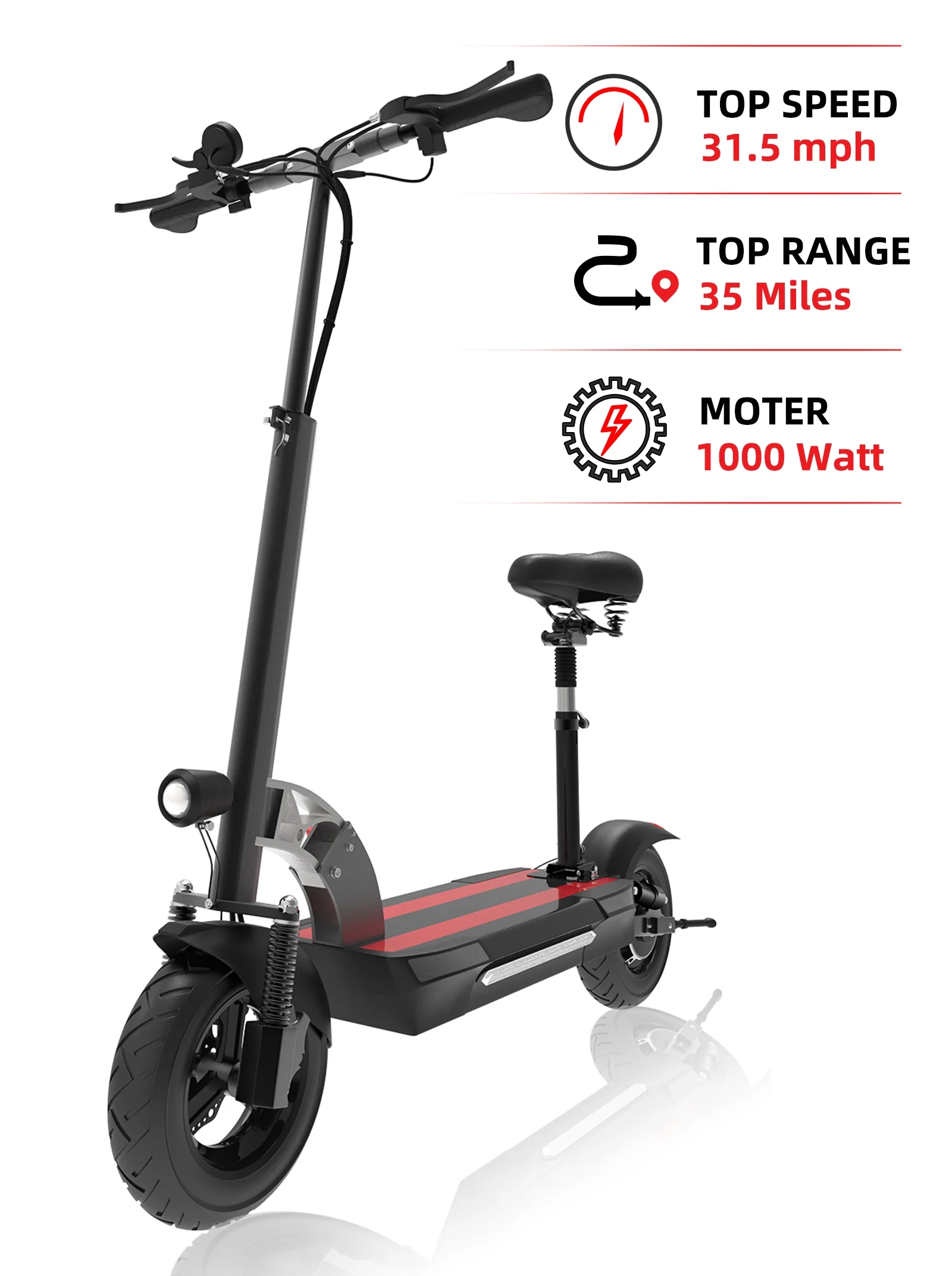 JUEXING Electric Scooter with Seat, 1000W Motor Up to 31.5 mph and 35 Miles Range, Folding Adult E Scooter Urban Commuter