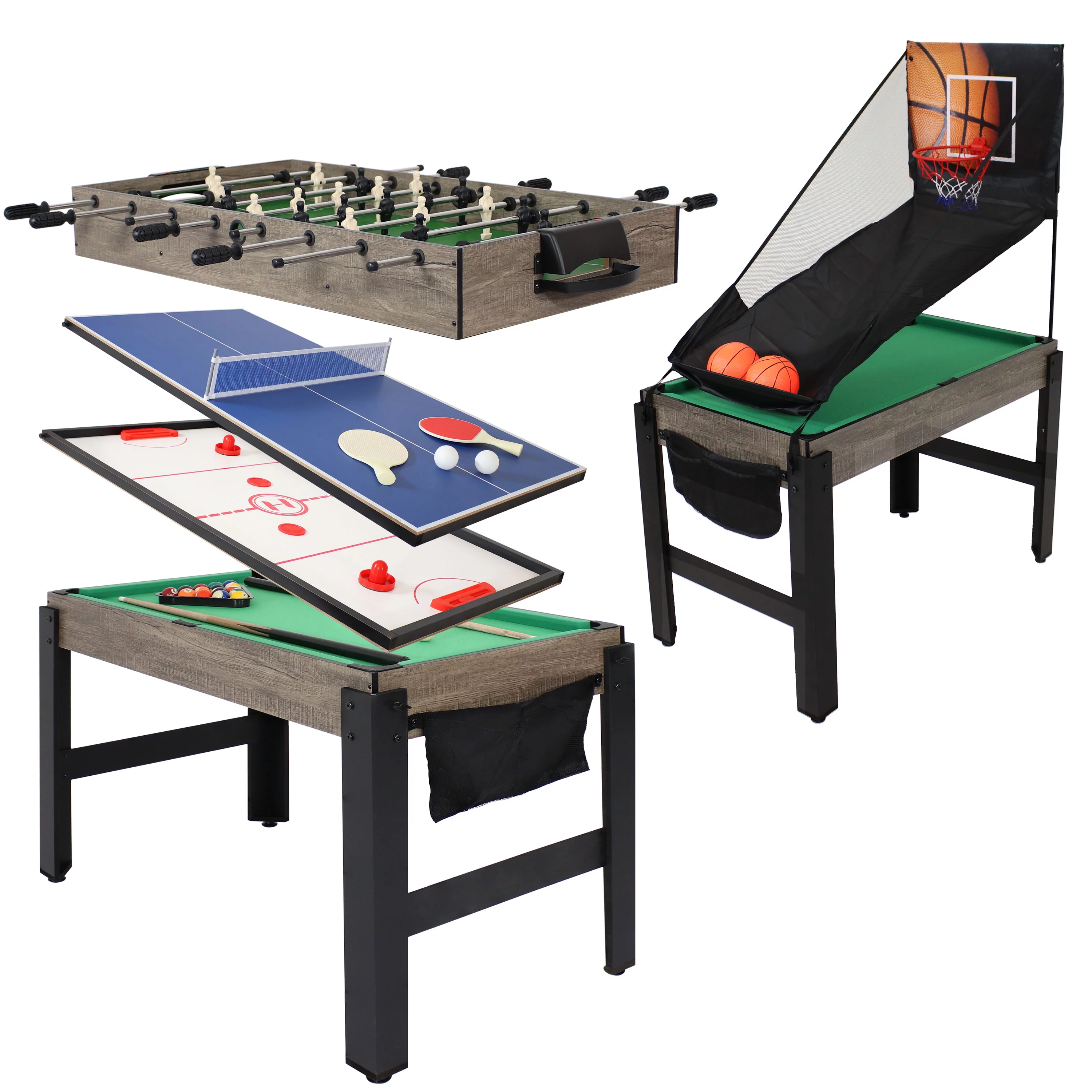 Sunnydaze Indoor Rustic Style 2 Player 5-in-1 Multi-Game Table with Billiards, Push Hockey, Foosball, Ping Pong, and Basketball – 45″ – Weathered Gray