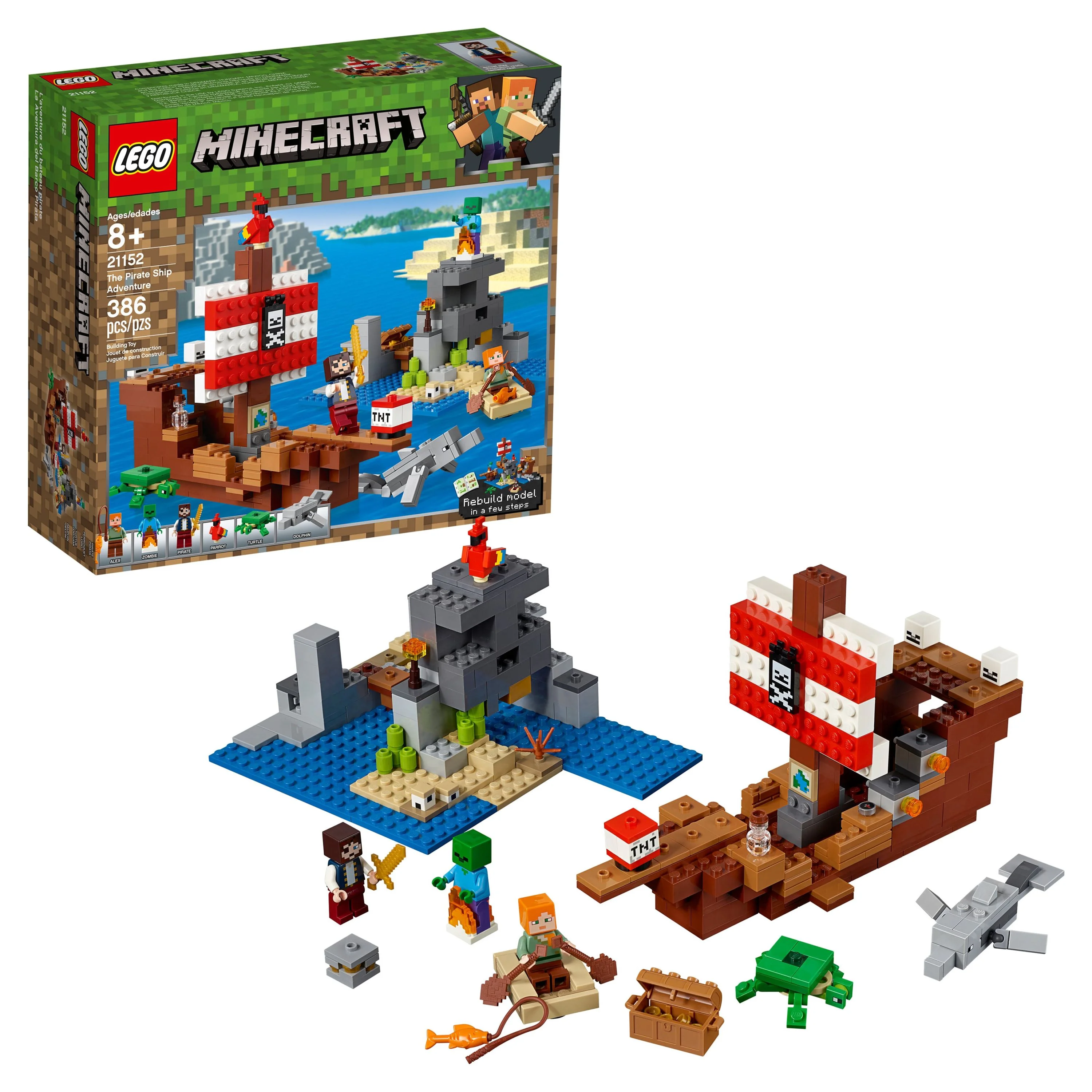 LEGO Minecraft The Pirate Ship Adventure 21152 Pirate Ship Boat Shark Treasure Chest Building Toy Kit (386 Pieces)