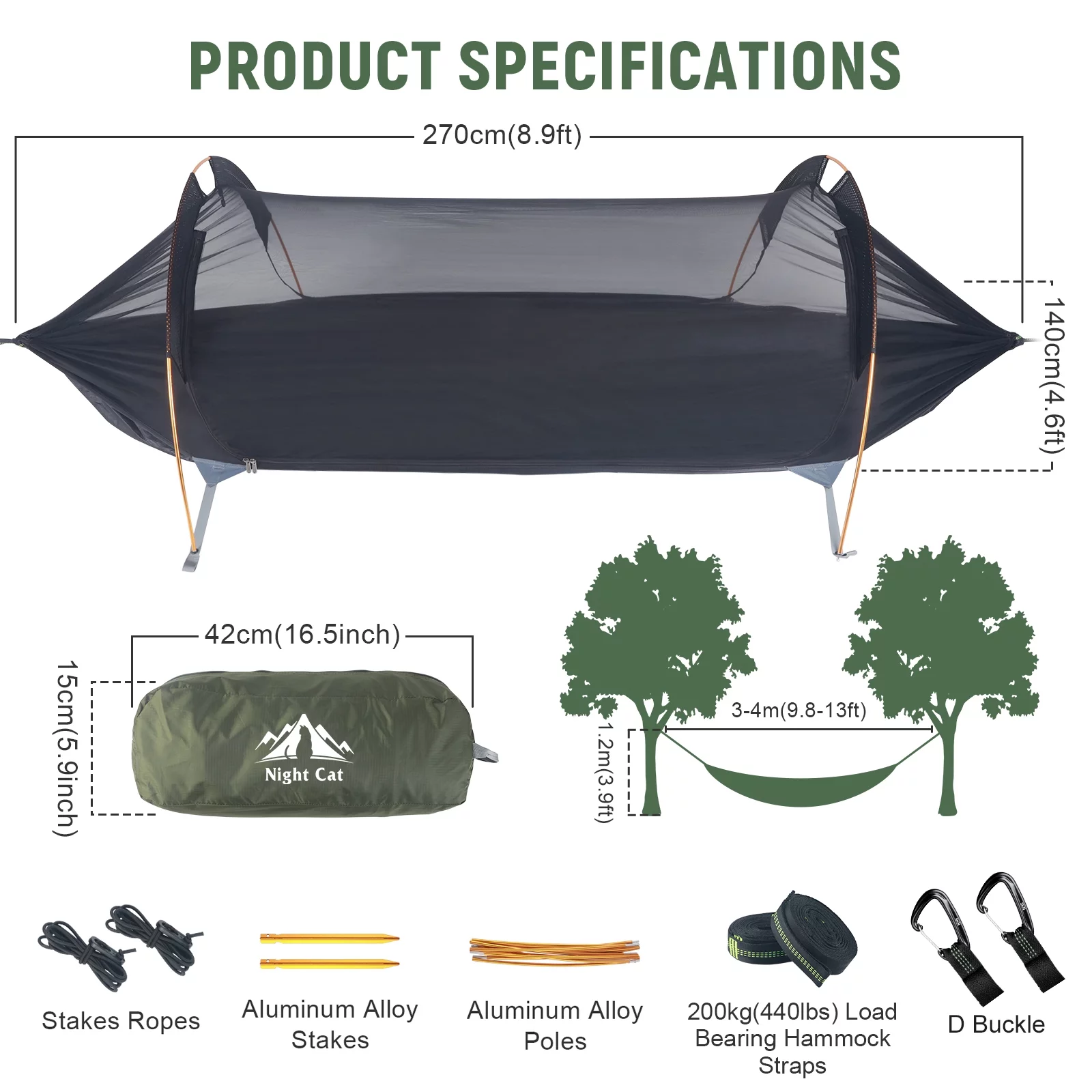 Night Cat Camping Hammock Tent with Mosquito Net and Rain Fly for 1 2 Persons Backpacking Bed with Tree Strap Lightweight Waterproof 440lbs 9×4.5ft Army Green