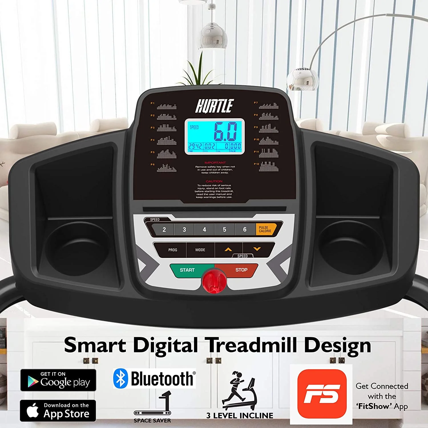 Hurtle Smart Portable Folding Digital Fitness Treadmill w/ Bluetooth, Black