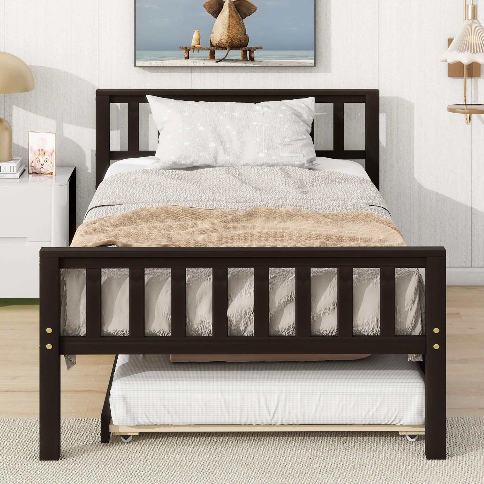 Paproos Twin Size Wood Platform Bed with Trundle, Twin Bed Frame with Headboard and Footboard, Modern Daybed for Kids Teens Adults, No Box Spring Needed, Gray