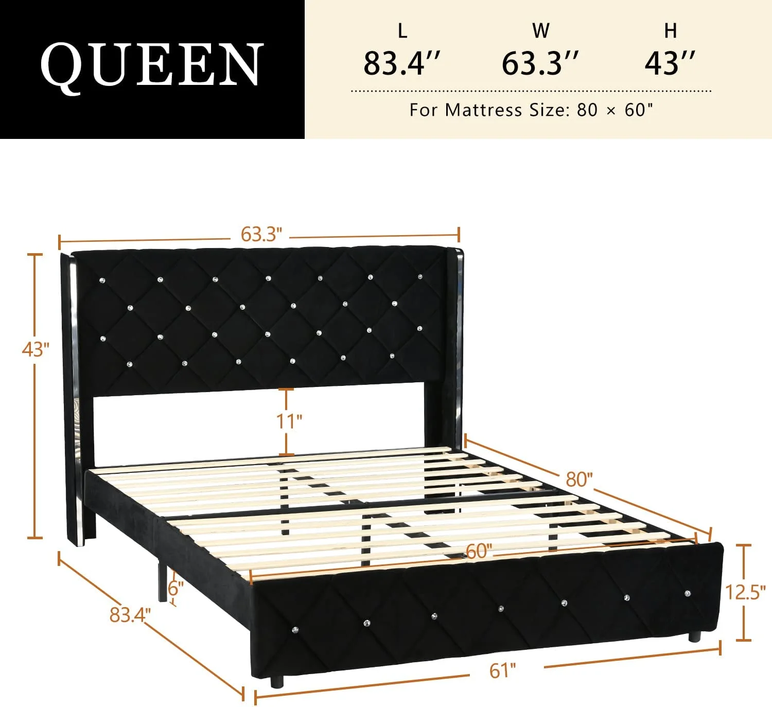 Catrimown Queen Size Bed Frame, Upholstered Platform Bed Frame with Wingback Diamond Tufted Headboard, Black