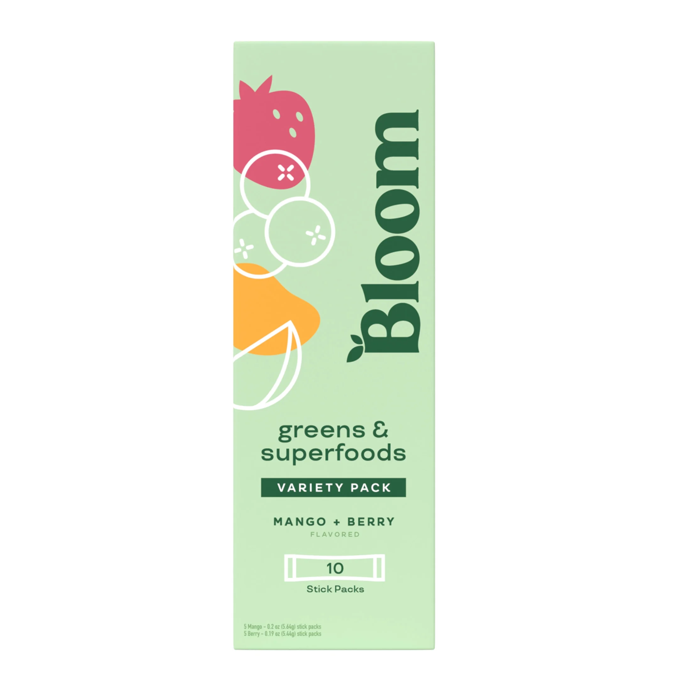 Bloom Nutrition Greens & Superfoods Powder Sticks, Mango and Berry, 10 Count