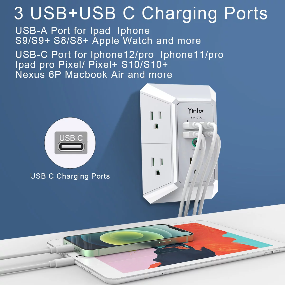 Surge Protector, 5 Outlets Extender with 4 USB PortsUSB C, 3-Side 1800J