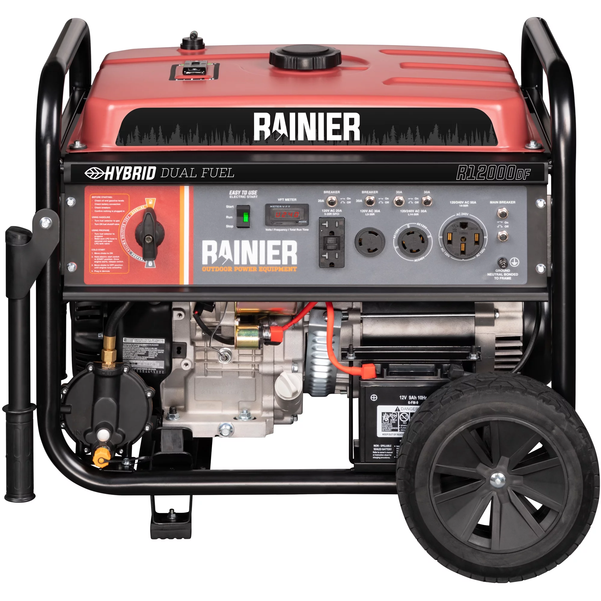 Rainier 12000 Peak Watt Dual Fuel, Gas and Propane, Portable Generator with Electric Start, Transfer Switch Ready