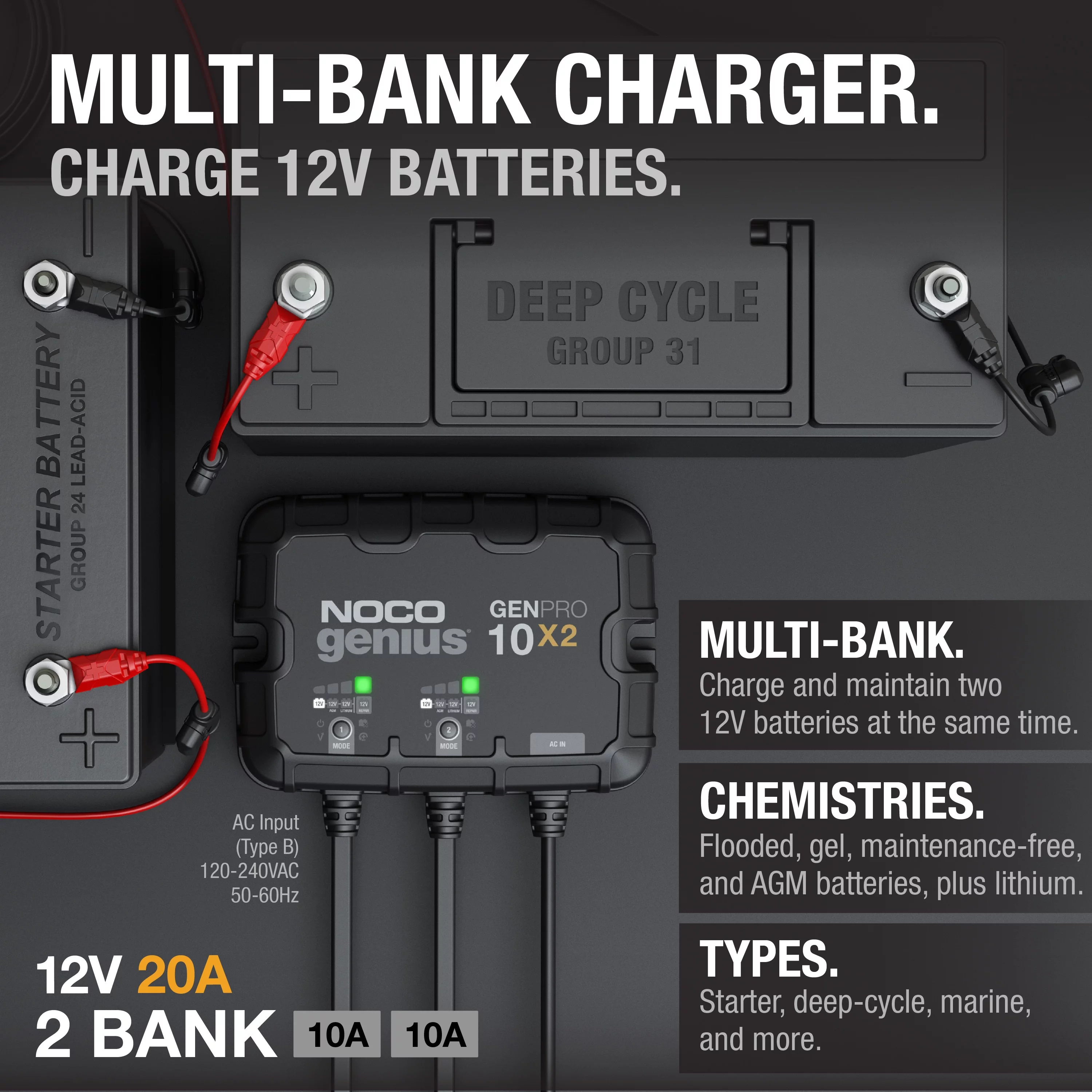 NOCO Genius GENPRO10X2 2-Bank 20A (10A/Bank) 12V Onboard Battery Charger