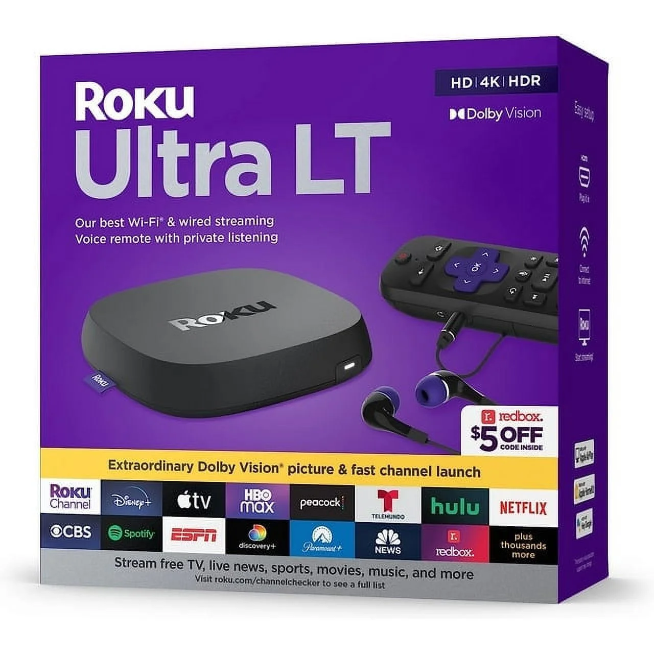 Restored Roku Ultra LT Streaming Device 4K/HDR/Dolby Vision/Dual-Band Wi-Fi with Roku Voice Remote and HDMI Cable (Refurbished)