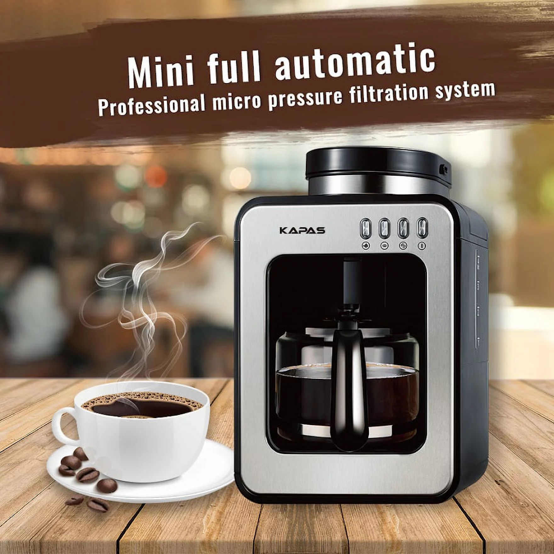 KAPAS Mini Automatic Coffee Machine With Grinding Function, Programmable Timer Mode and Keep Warm Plate,0.6L Capacity, 600W