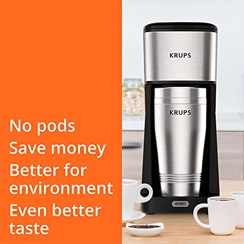 Krups 12oz Single Serve Coffee Maker with Travel Tumbler | Stainless Steel & Black