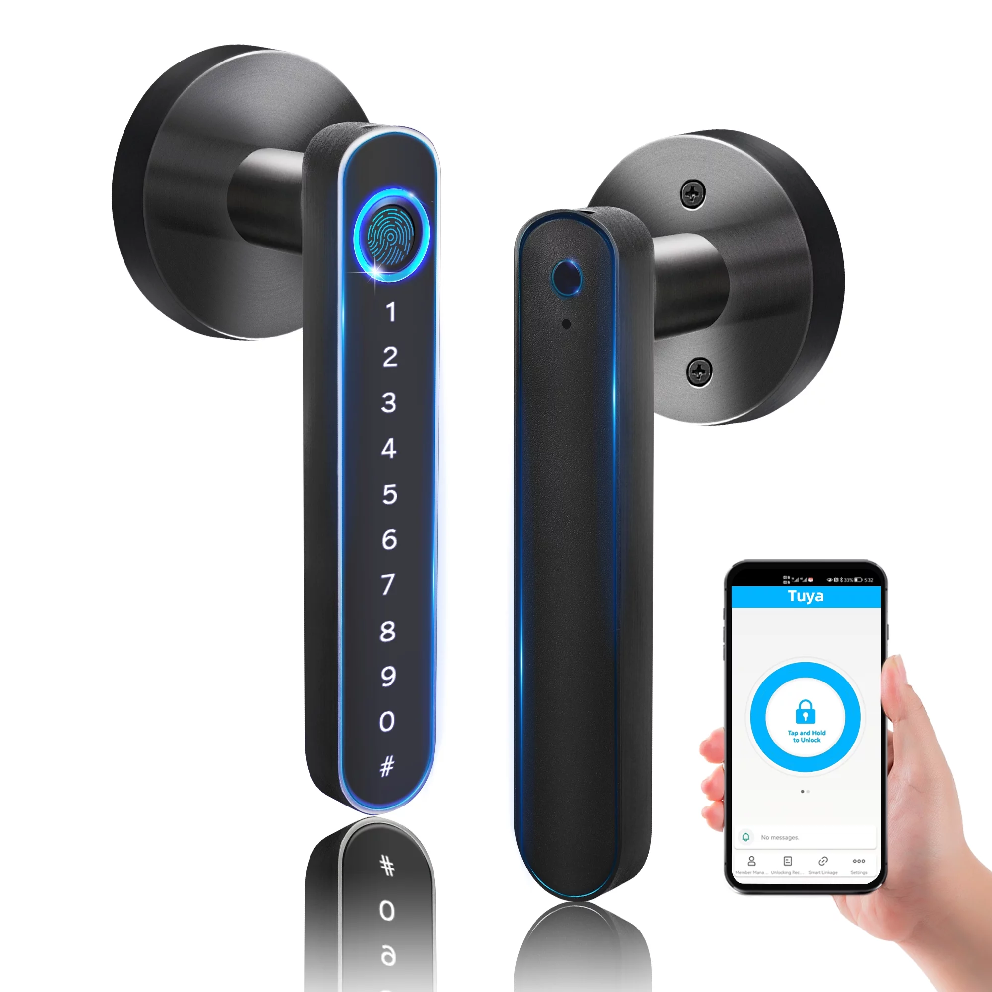 Smart Door Lock,Keyless Entry Door Lock with Handle,Fingerprint Door Lock with Tuya APP,Smart Door Knob with Key for Home Bedroom