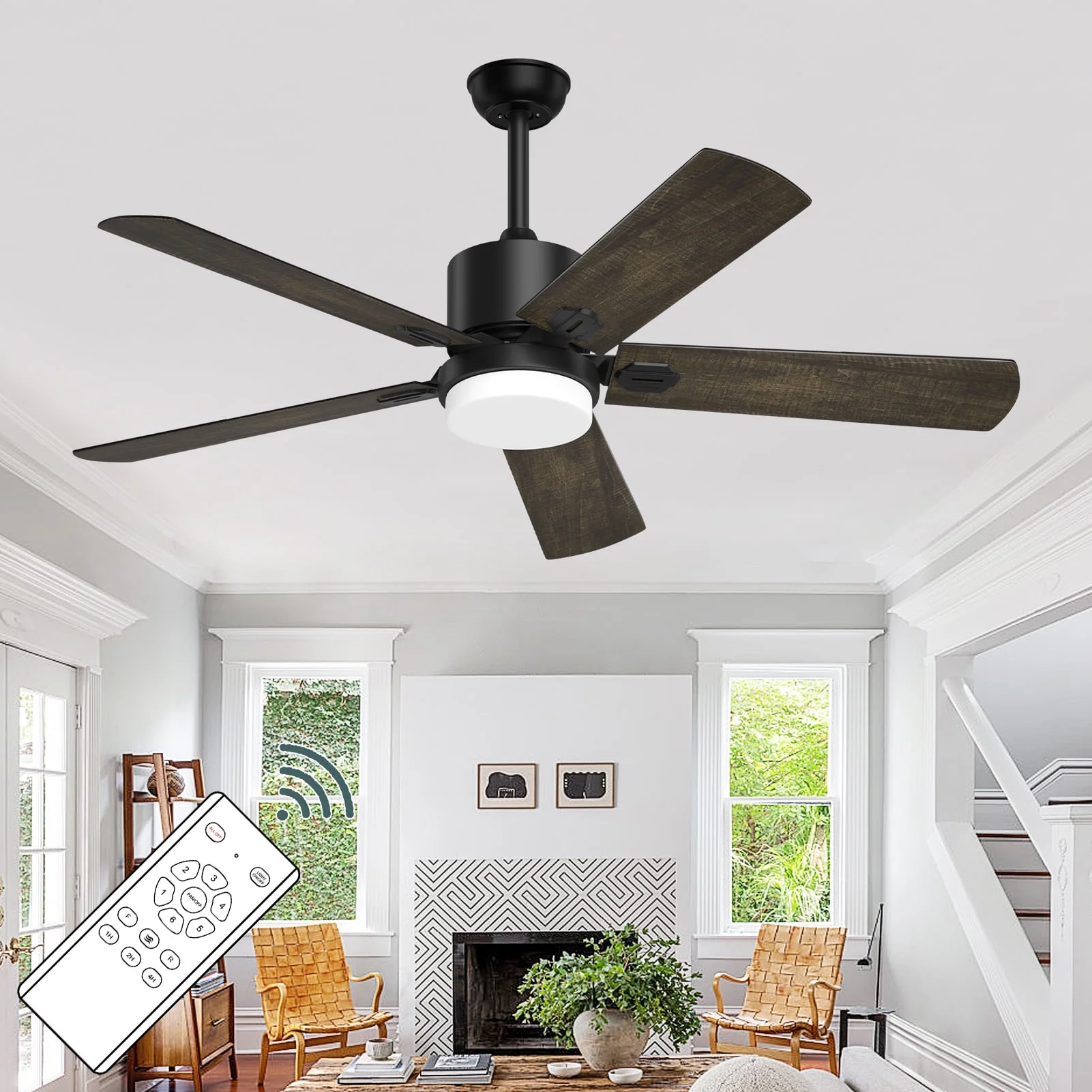 XAUJIX Ceiling Fan with Light and Remote Control, Modern Flush Mount Ceiling Fan 52 ” 6-Speed Reversible DC Motor 5 Wood Fan Blades Retro Pine/Black