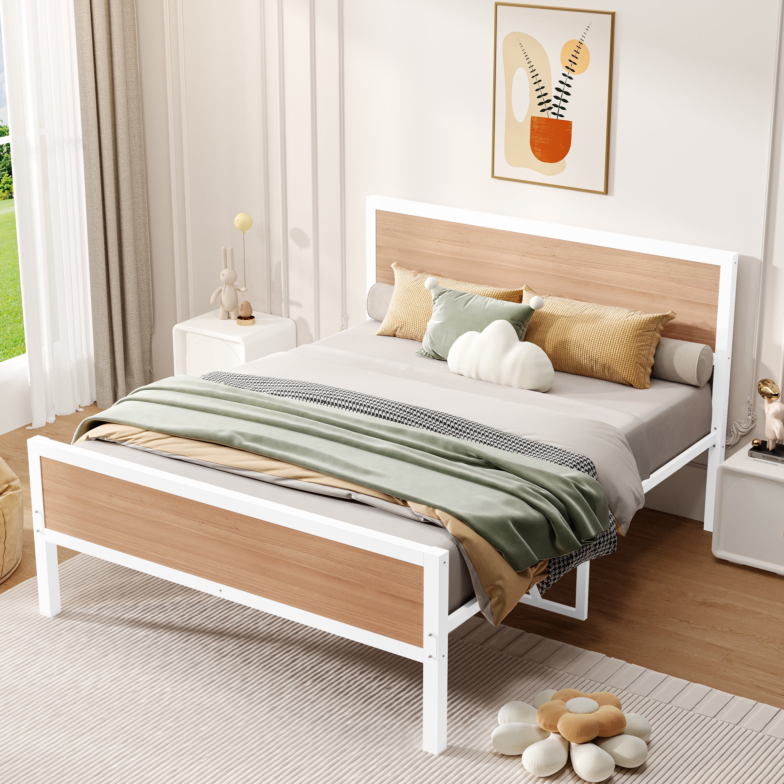 PAPROOS Full Platform Bed Frame with Headboard and Footboard, Metal Full Size Bed Frame with Underbed Storage and Strong Slat Support, Bedroom Furniture, No Box Spring Needed, White