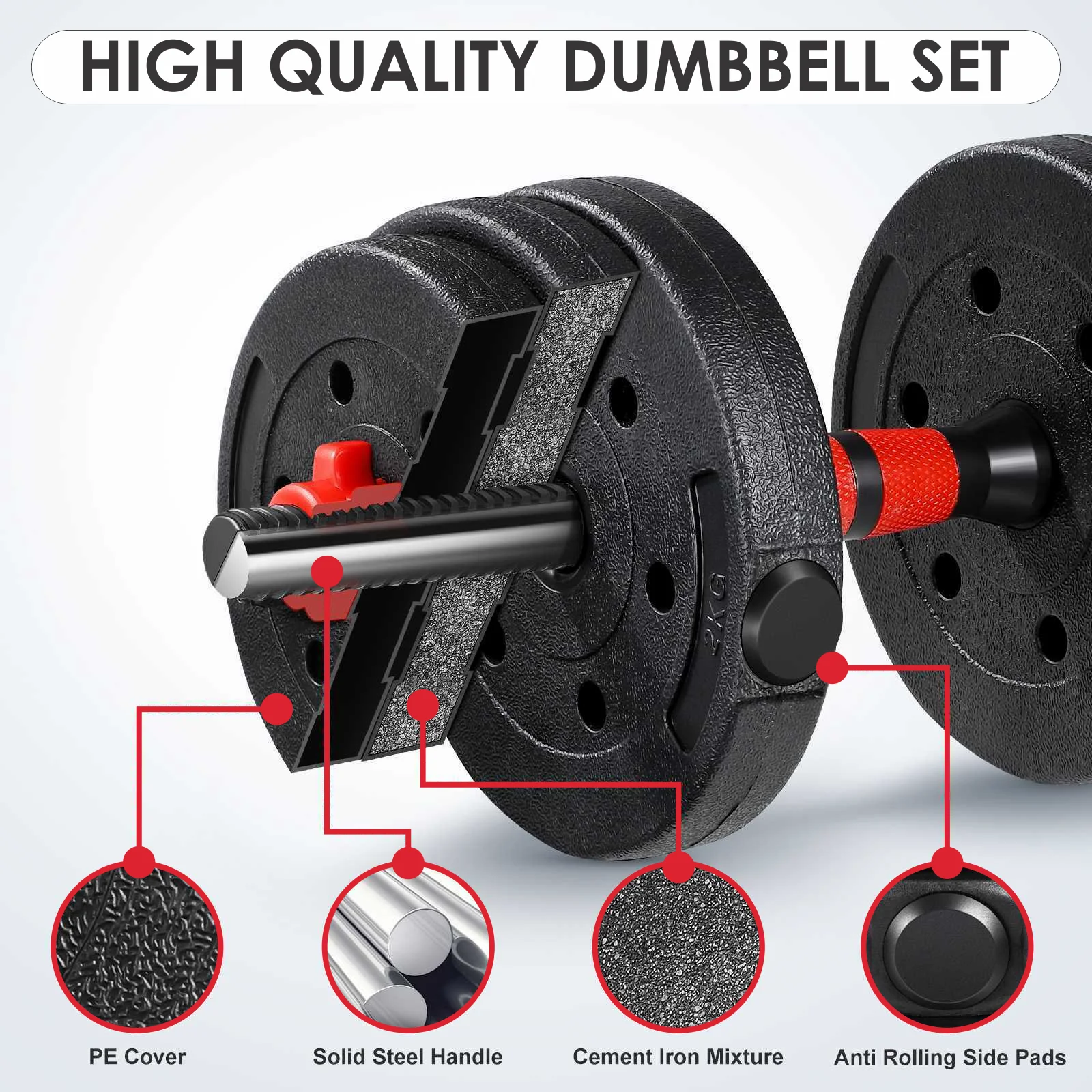 FIXTECH 66LB 2 in 1 Adjustable Dumbbell Set with Connecting Rod Used As Barbell for Whole Body Workouts