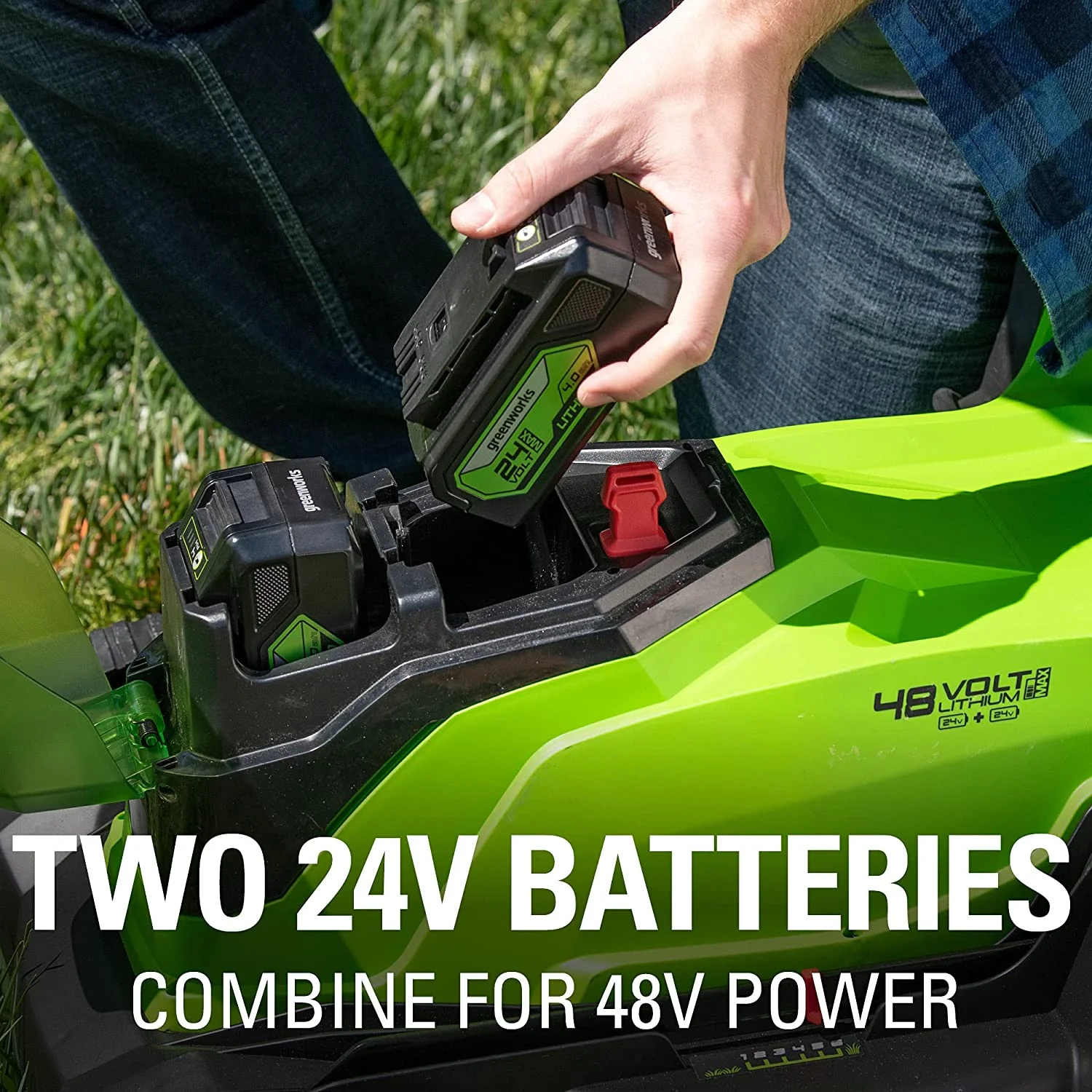 Greenworks 48V (2x24V) 17″ Battery-Powered Push Lawn Mower with 2 x 24V 4Ah Batteries & Dual Port Charger 2526302