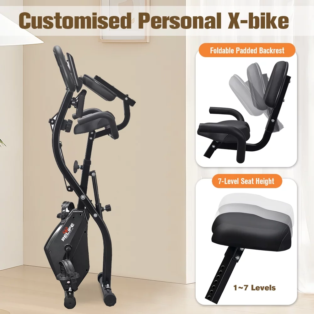 Relife Folding Exercise Bikes 3-in-1 x-Bike Indoor Portable Exercise Bikes, Foldable Stationary Bike with Arm Resistance Band, 53″x16″x9″