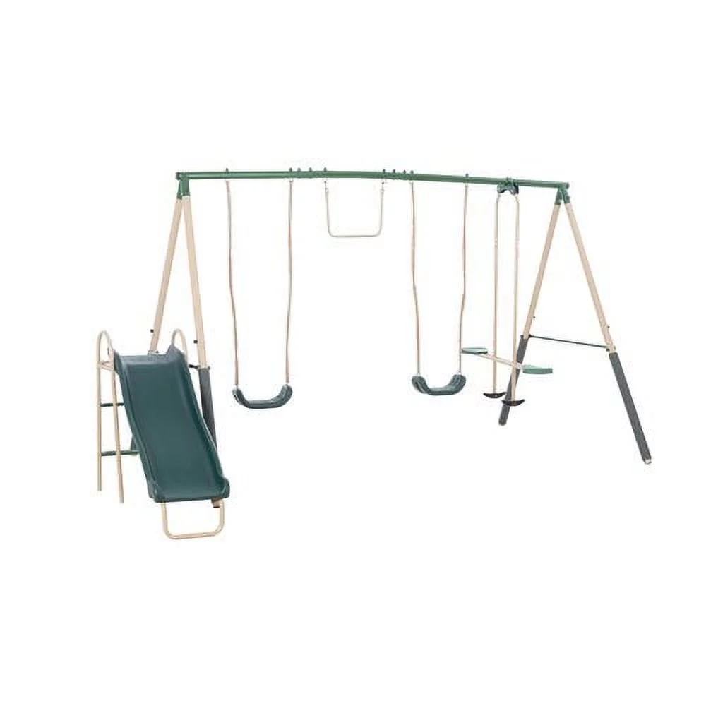 XDP Recreation Central Park Metal Swing Set with 2 Swing Seats, Trapeze Bar, Fun Glider for 2, & Wave Slide