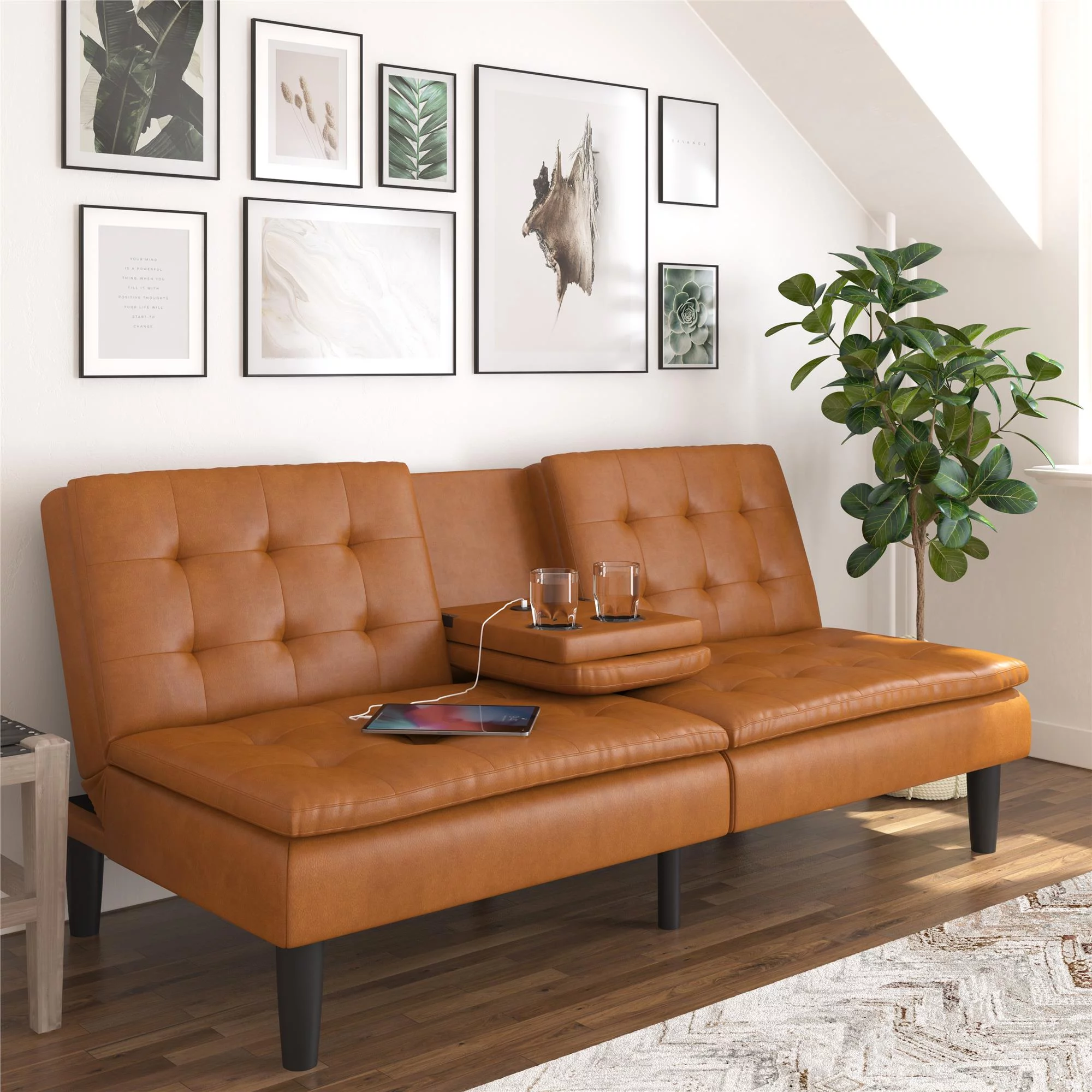 Mainstays Memory Foam Futon with Cupholder and USB, Camel Faux Leather