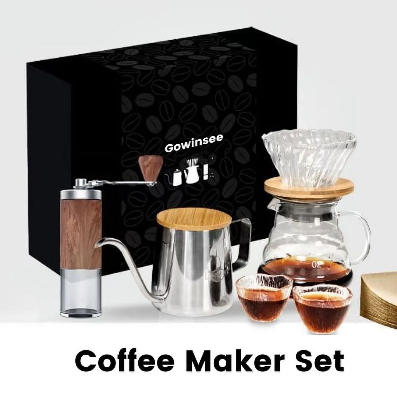 Gowinsee Pour Over Coffee Maker 7pcs Gift Set Includes Manual Coffee Grinder, 600ML Pour Over Kettle, Coffee Dripper, 2 Tasting Cup, Coffee Filters Paper (Gift Box)