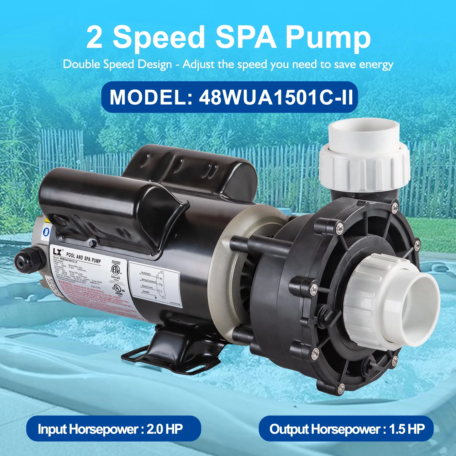 LINGXIAO SPA Pump, 2 Speed Hot Tub SPA Pump, 2HP LX SPA Pump Motor, 115V/60HZ, 2″ Port – Model: 48WUA1501C-II