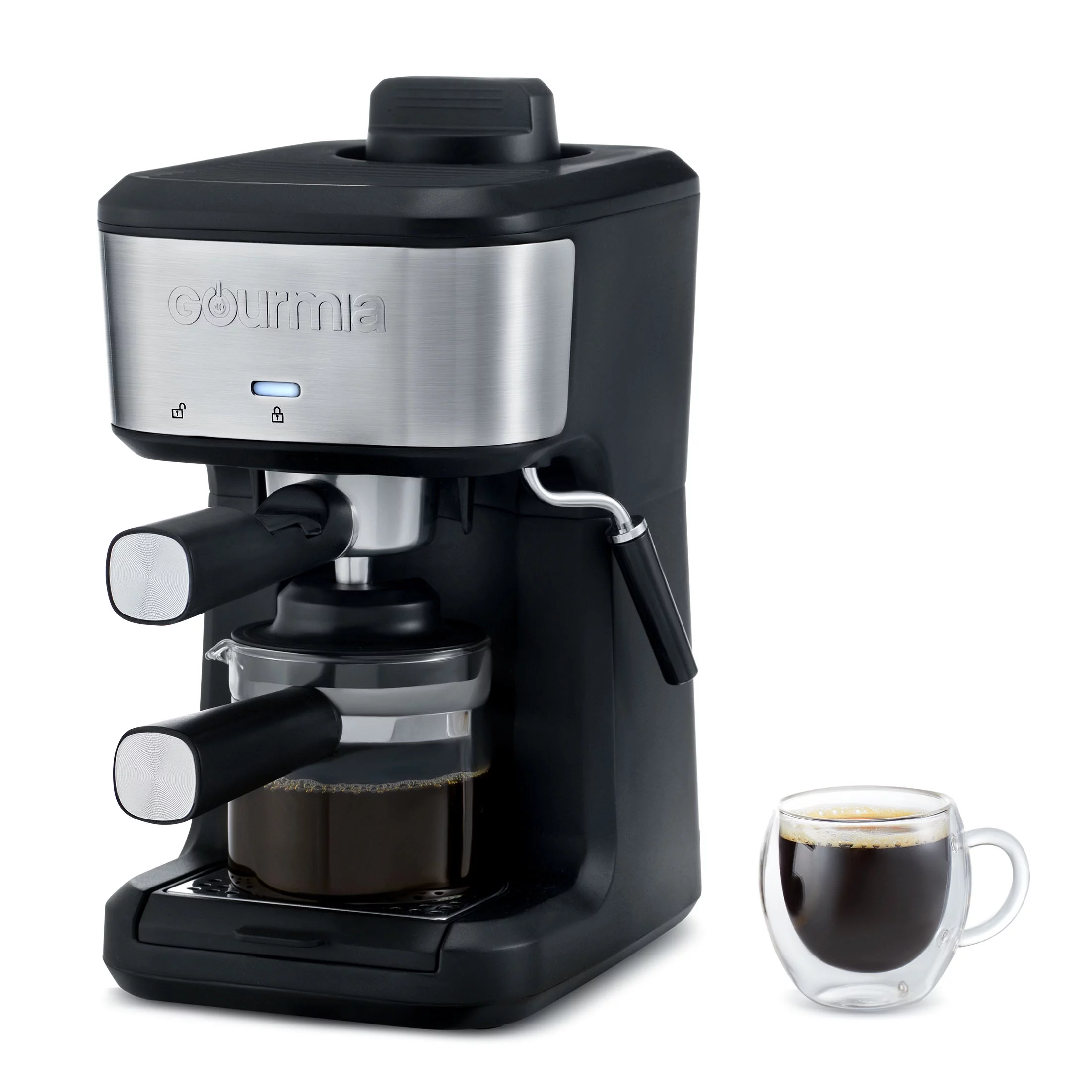 New Gourmia 4-Shot Steam Espresso, Cappuccino, and Latte Maker with Frothing Wand