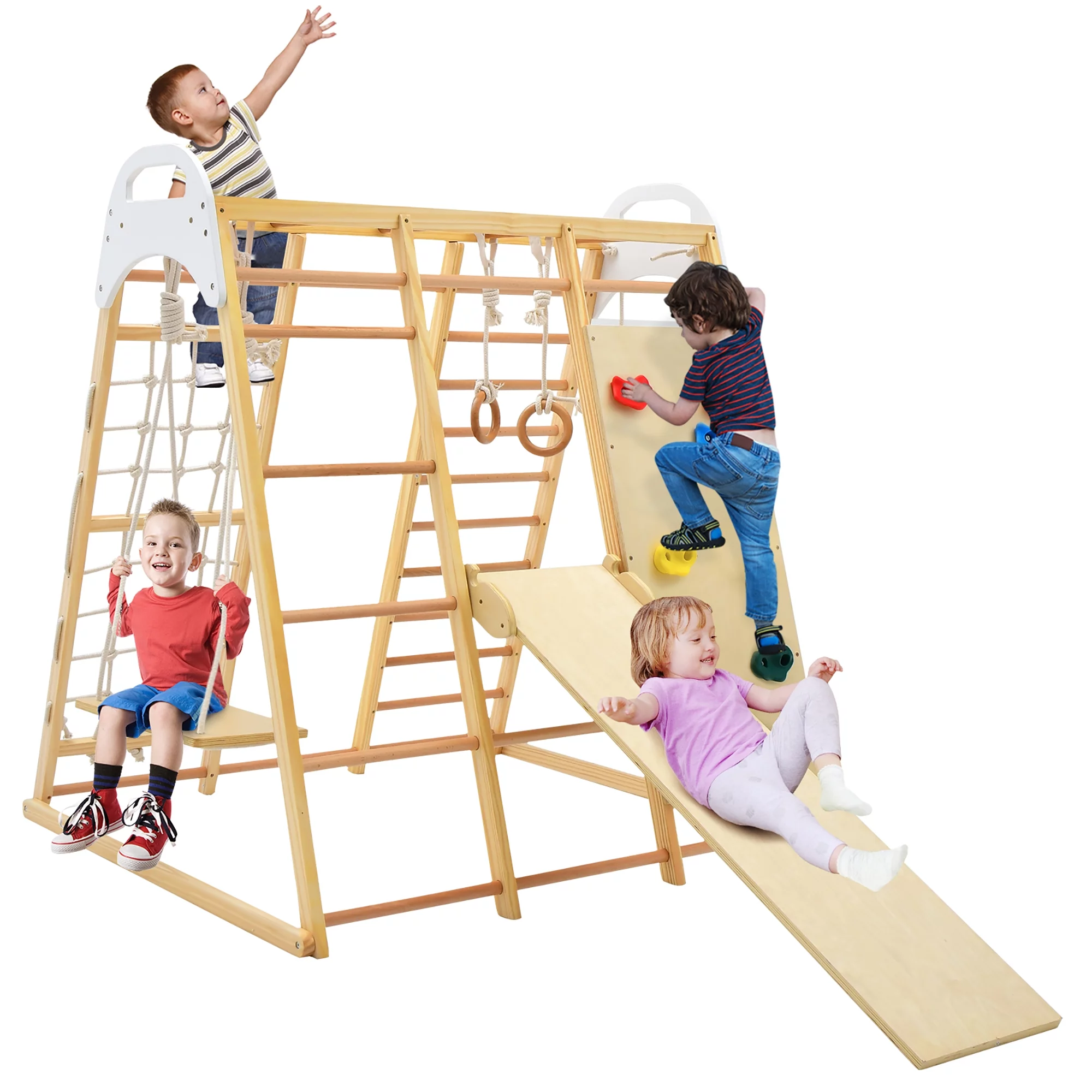 Costway 8-in-1 Jungle Gym Playset, Wooden Climber Play Set with Monkey Bars Colorful