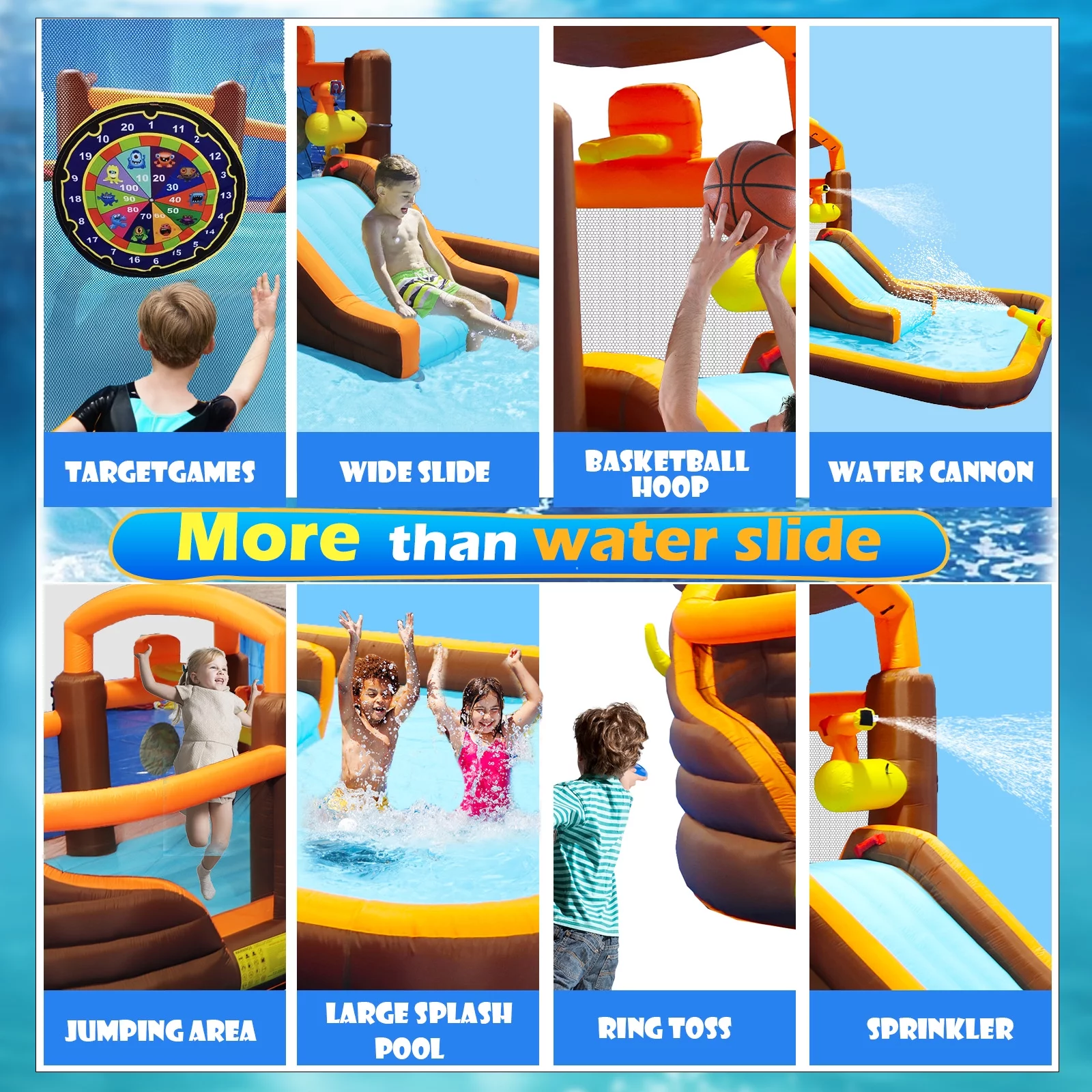 Track 7 Inflatable Water Park,Inflatable Big Bounce House Cruise Ship Pattern Slide Water Park Bouncer with Splash Pool & Basketball & Blower