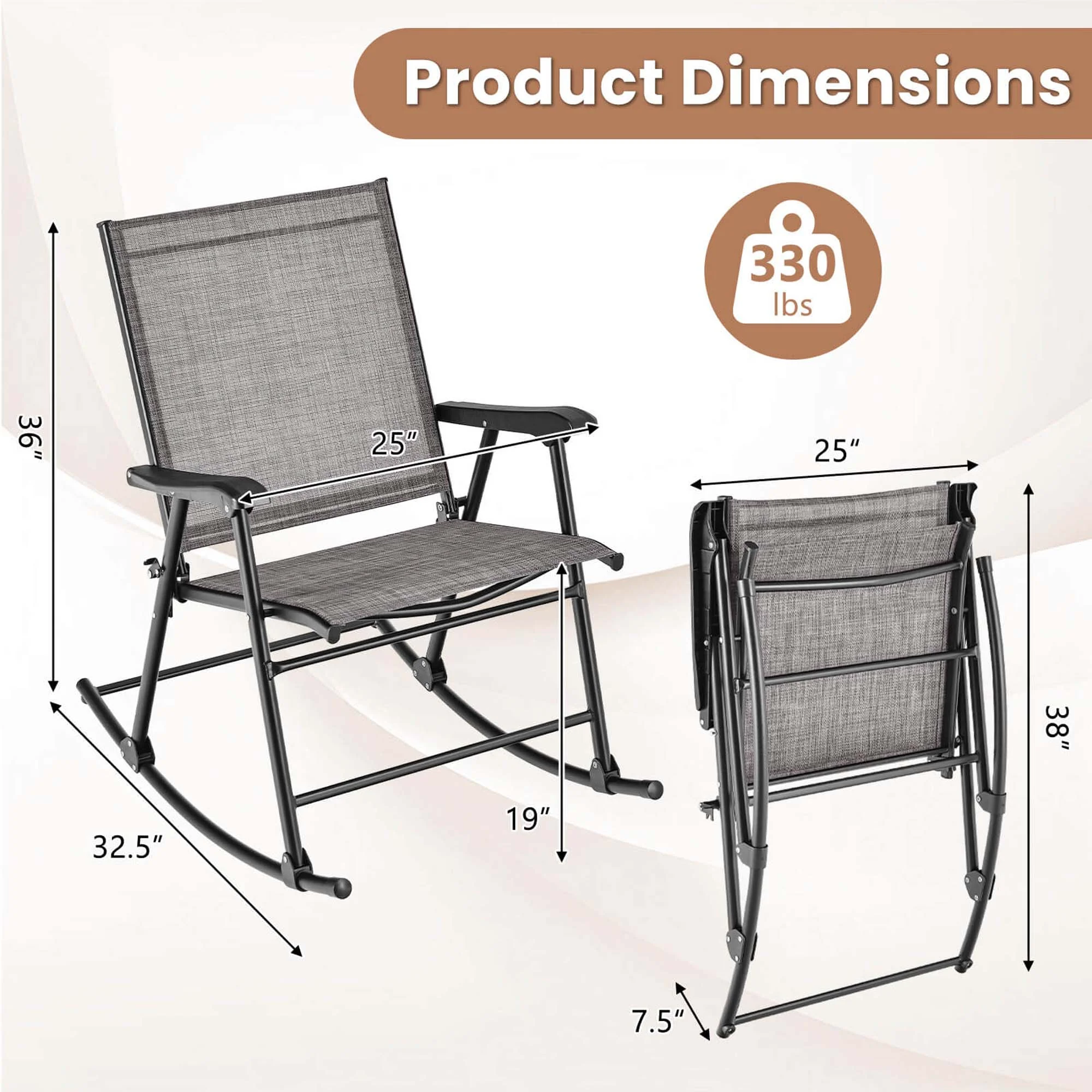 Costway 2pcs Patio Folding Rocking Chair Heavy-Duty Metal Frame Rockers Outdoor