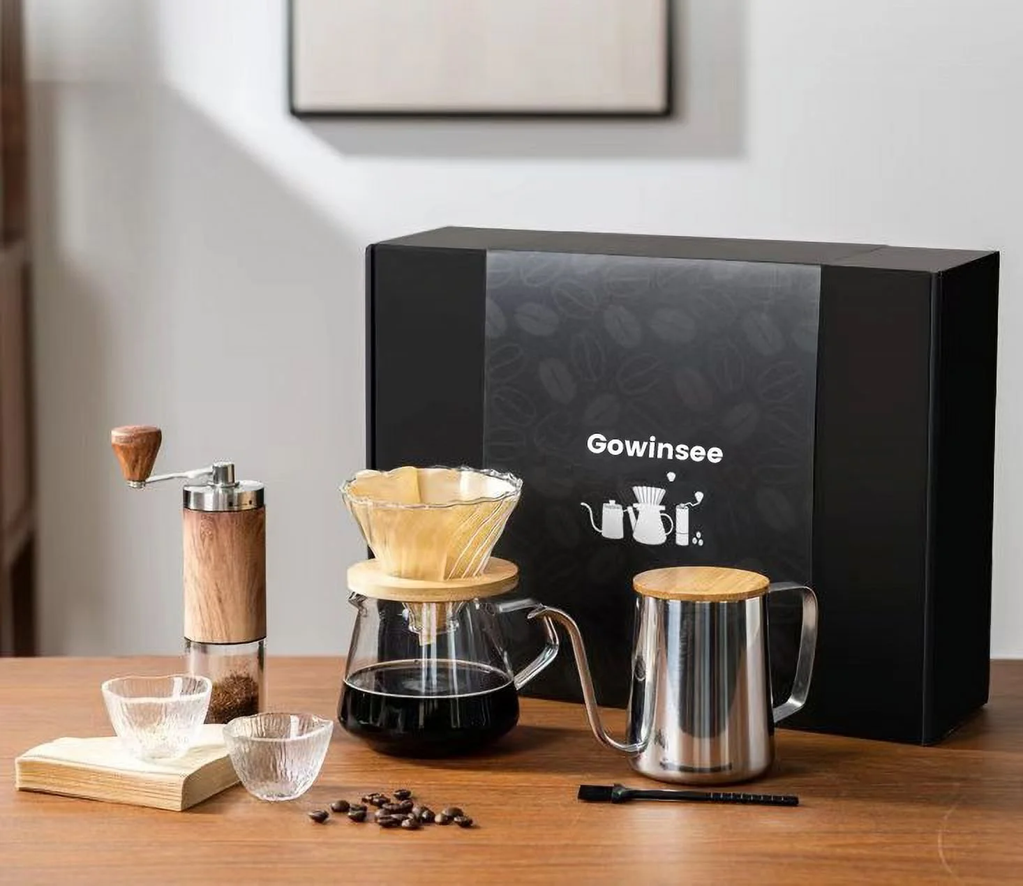 Gowinsee Pour Over Coffee Maker 7pcs Gift Set Includes  Manual Coffee Grinder, 600ML Pour Over Kettle, Coffee Dripper, 2 Tasting Cup, Coffee Filters Paper (Gift Box)