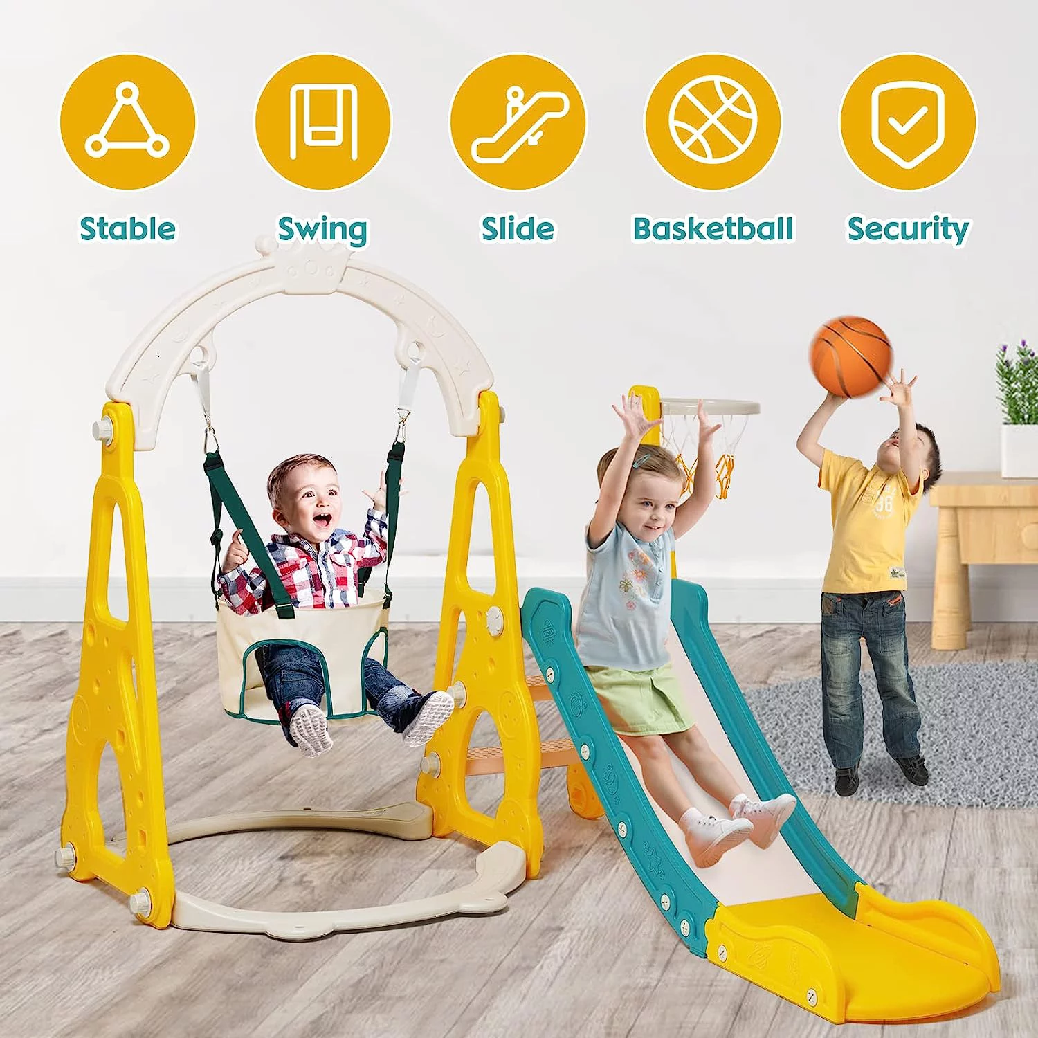 Ealing 4 in 1 Toddler Swing and Slide Playset for Age 1-3 Indoor Outdoor Playground Baby Swing Set with Slide Climber Basketball Hoop for Boys and Girls (Yellow)