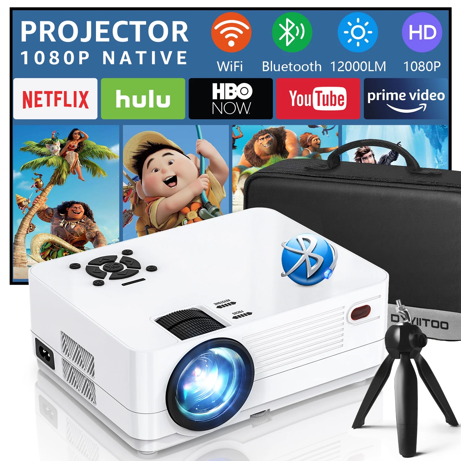 Dxyiitoo 12000LM Native 1080P HD Projector with WiFi and Bluetooth, Movie Projector for Outdoor Movies, LCD Technology 300″Display Projector Support 4k Home Theater, (Projector with Tripod)