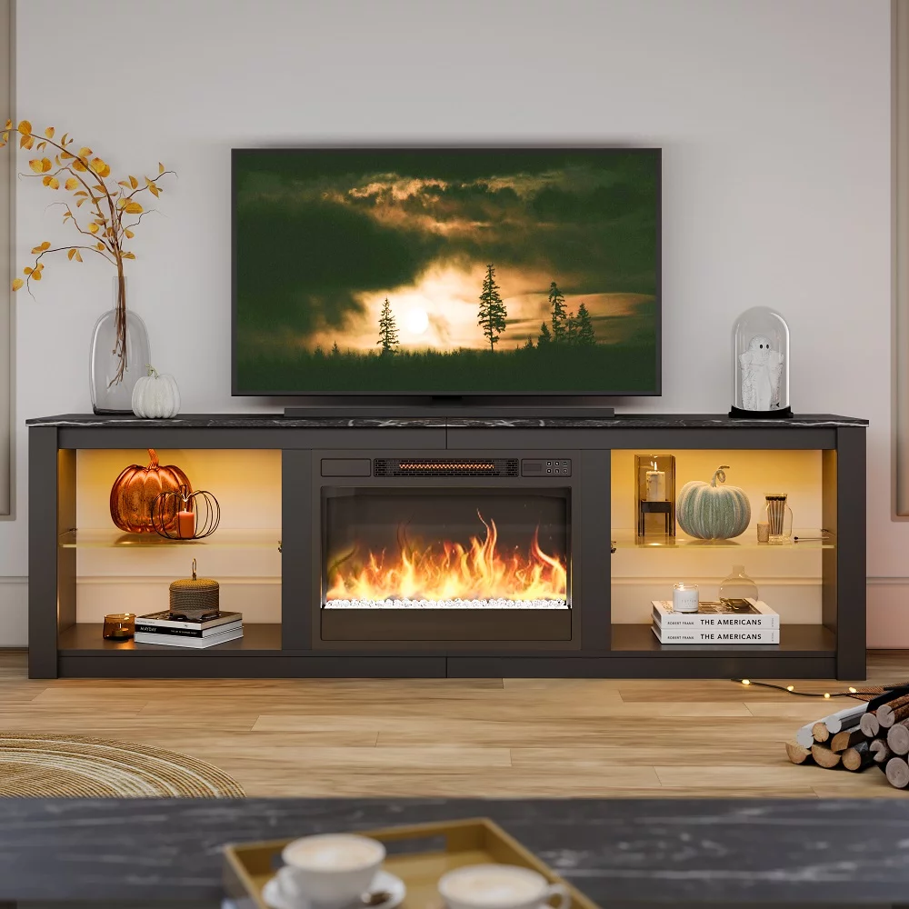 Bestier Electric Fireplace TV Stand for 75inch TV, Farmhouse Entertainment Center with LED Light for Living Room in Black