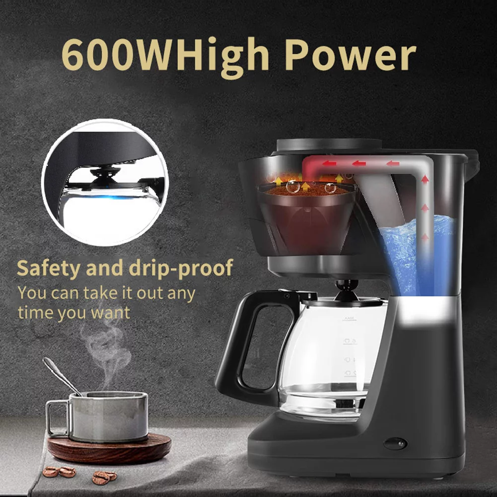 Wobythan 6 Cup Coffee Maker 600W Small Coffee Maker with Glass Carafe and Reusable Filter, Portable Compact Smart Drip Coffee Machine for Home and Office, RV