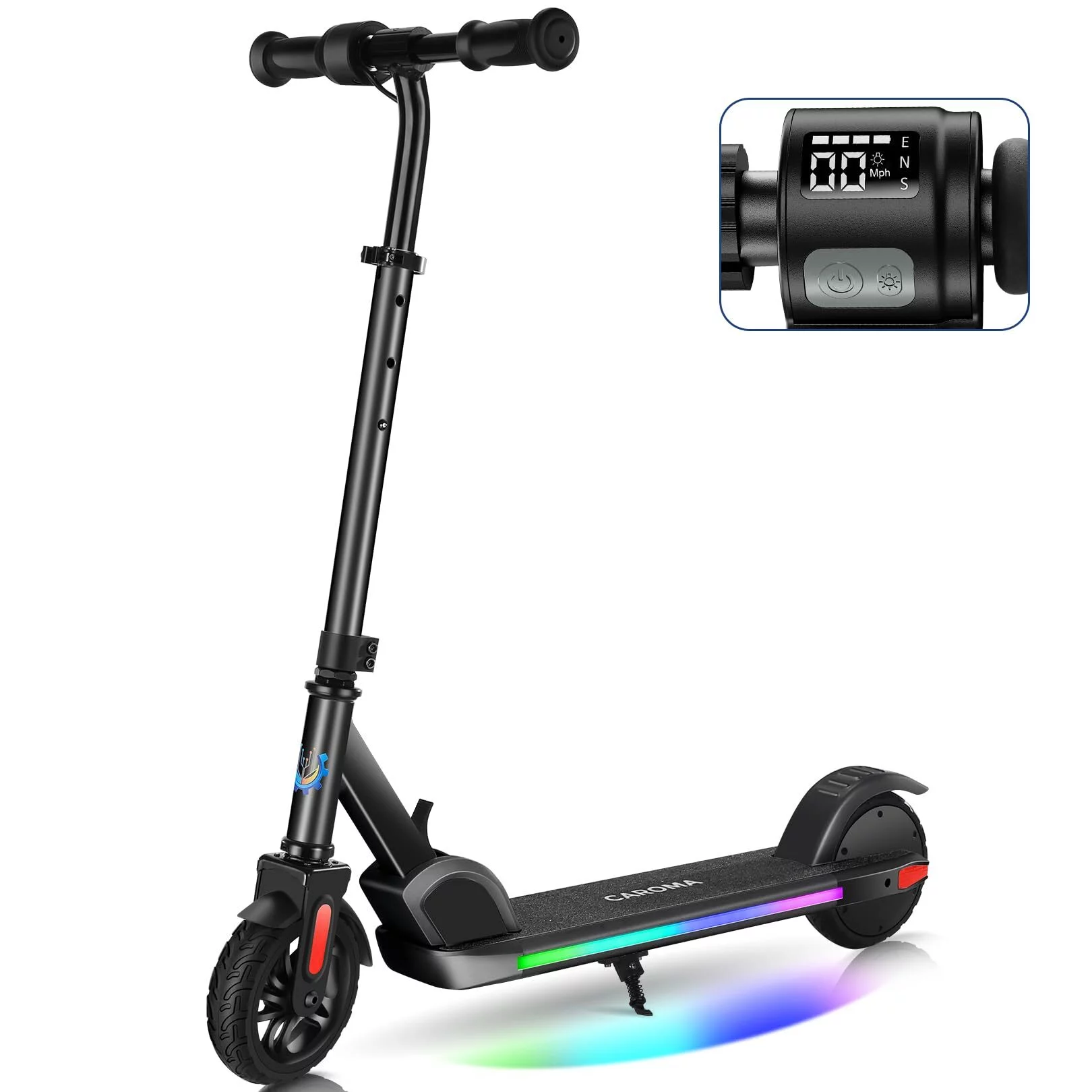 CAROMA Electric Scooter for Kids Ages 6-12, up to 120 lbs, Up to 6 mph & Up to 60 mins of Ride Time, 120W 22V Power Motor, Unique 7 Color Pedal Light, 5″ E-Scooter for Kids Boys Girls Blue